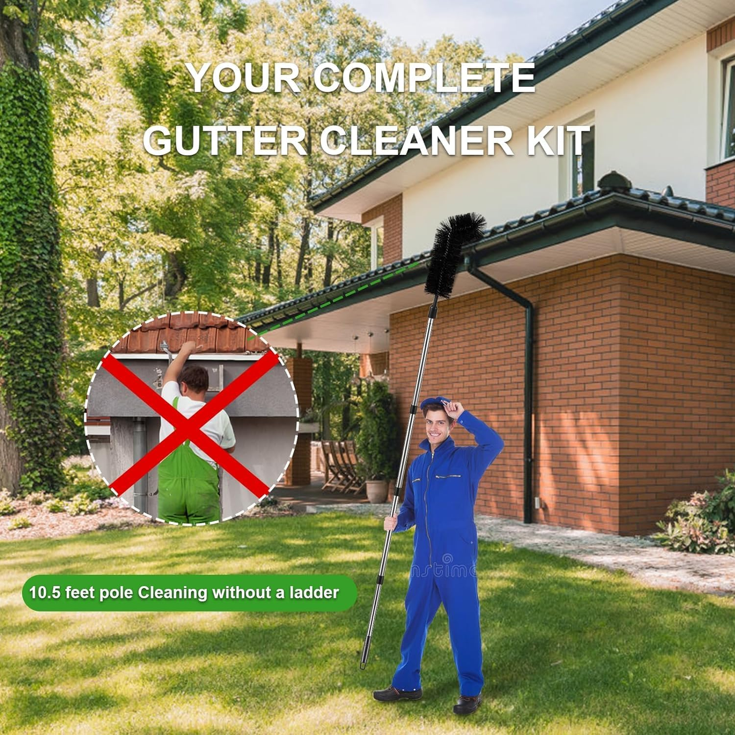 Gutter Cleaning Tools from the Ground, 10.5 FT Adjustable Gutter Cleaning Tool, Gutter Cleaner Ability to Easily Clear Roof Leaves and Debris, 2 Black Brush image number 5