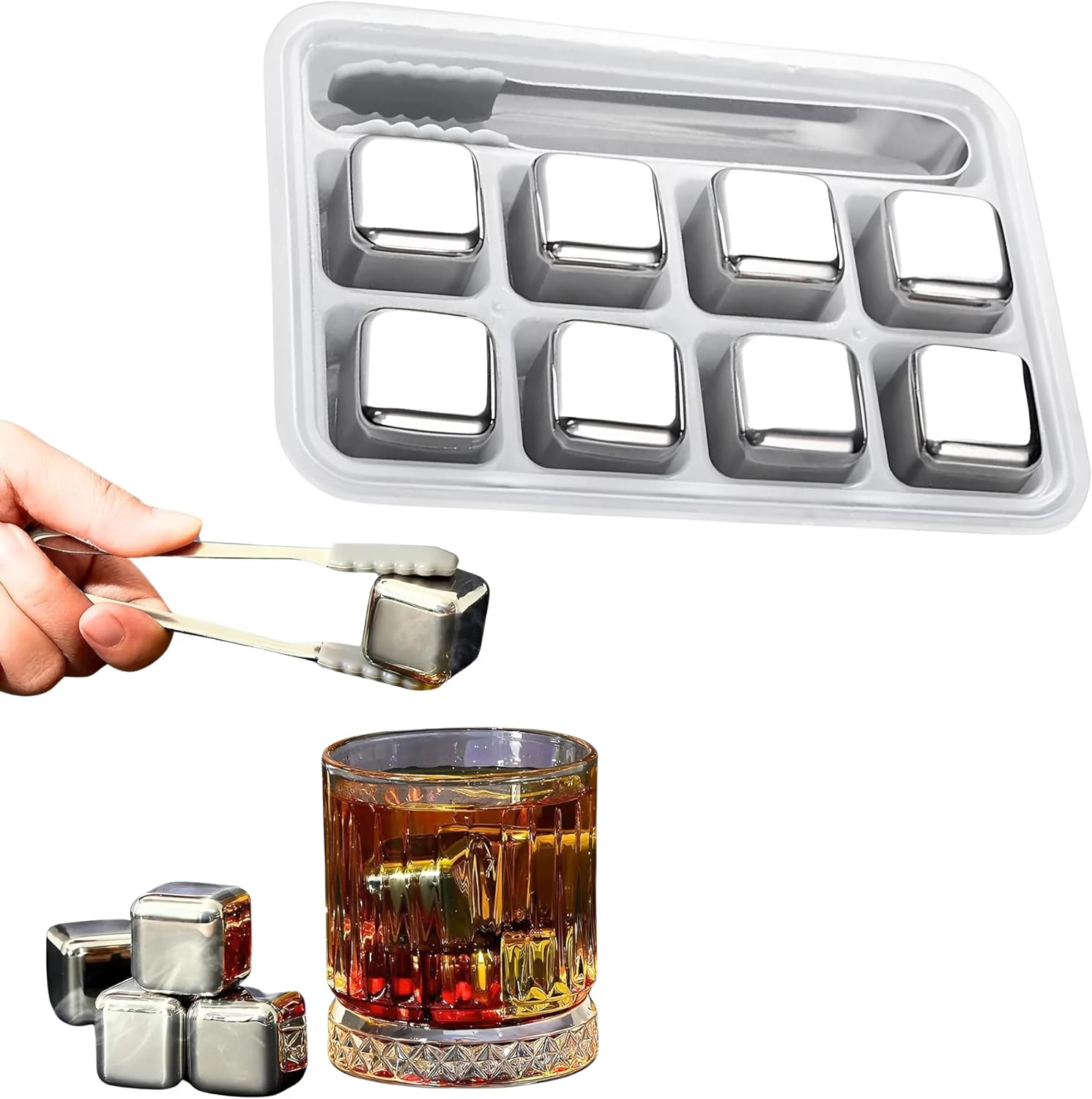 EZONEDEAL Stainless Steel Chilling 8Pcs Cubes Reusable Ice Cube Whiskey Stones for Drinks with Ice Tongs and Freezer Storage Tray Beverage Chilling Rocks Gift Sets for Man, Friends Whiskey Lovers image number 1