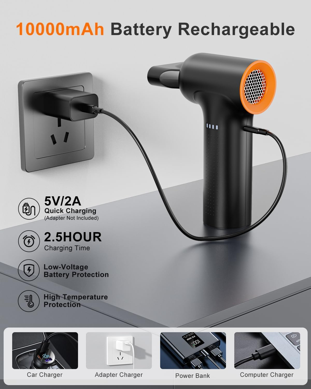 Electric Air Duster, High Speed 300000RPM, 120M/S 3 Gear, 10000Mah Rechargeable Cordless Air Blower, Turbo Fan for PC Computers, Car Electronics image number 2