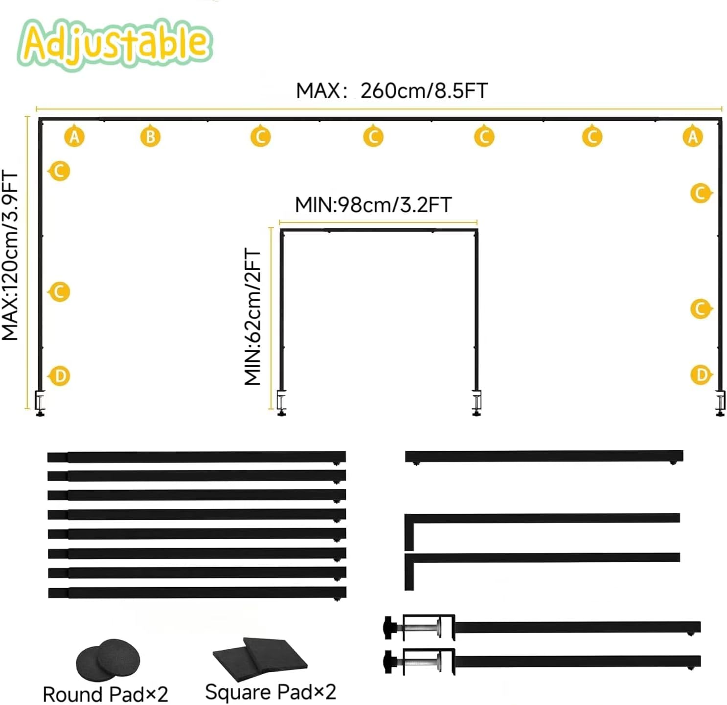 Table Rod Stand with Clamps Adjustable 36.83Cm-120Cm Height 79.24Cm-260Cm Length Black Metal Table Arch Decoration Suitable for Wedding, Birthday, Halloween and Christmas Decoration. image number 5