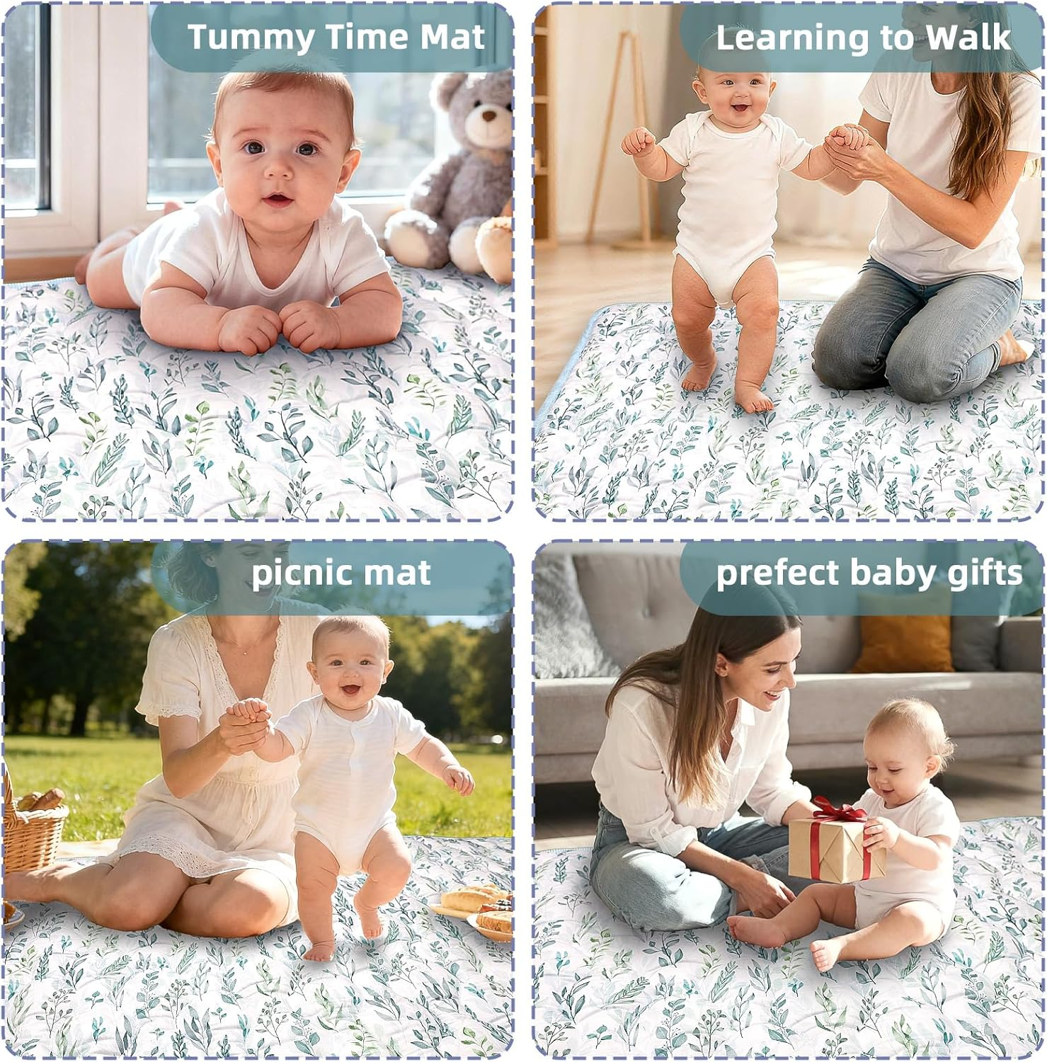 DILIMI Baby Play Mat, 127 X 127 Cm Foldable Non-Slip Activity Playmats for Floor, Soft Crawling Mat for Babies,Toddlers, Infants(Green Leaf) image number 4