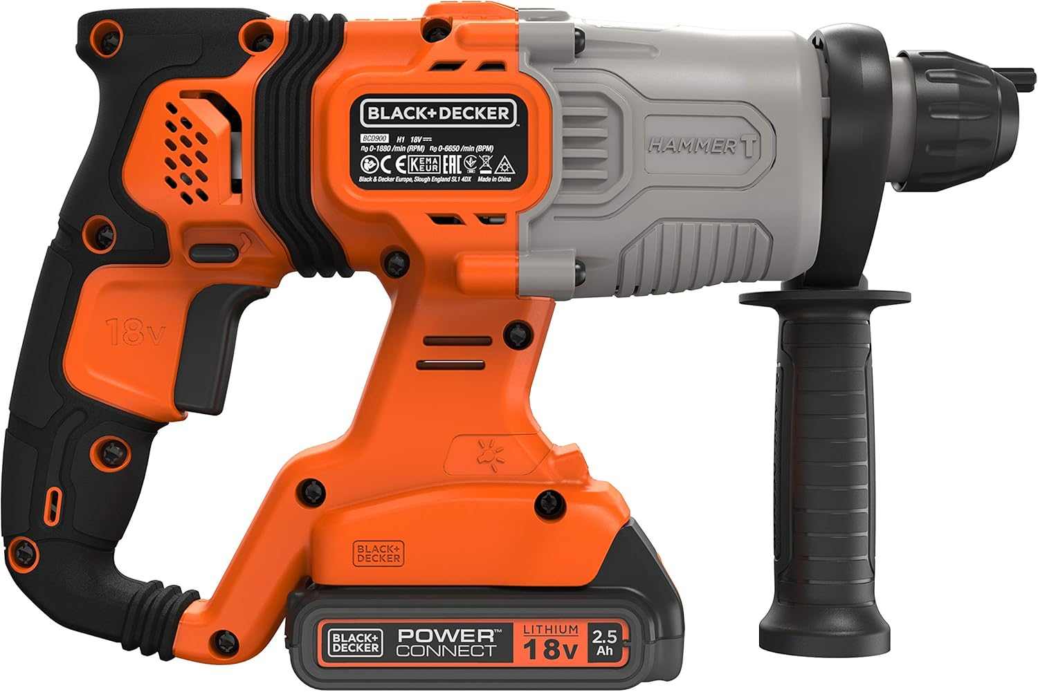 Black+Decker 18 V Sds-Plus Cordless Combination Hammer (1.2 Joules, for Effective Drilling, Impact Drilling and Light Chiseling, LED Work Light, Includes 2X Batteries, Charger, Case, 1X 6 Mm Drill) image number 6