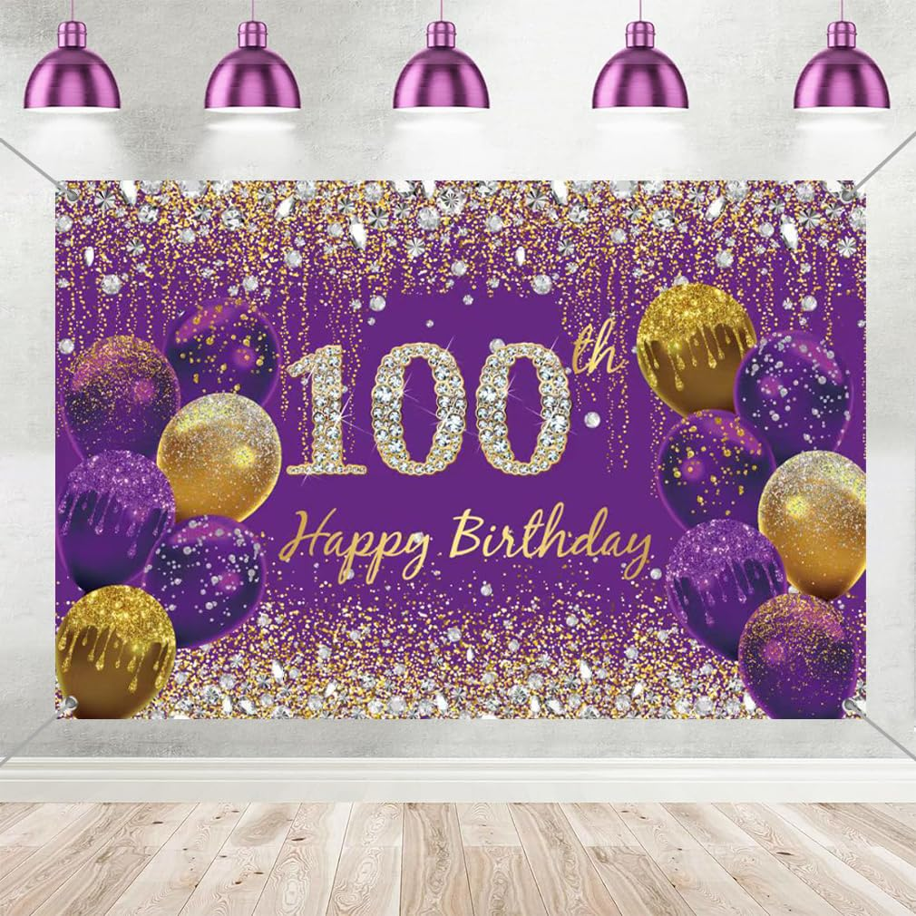 100Th Birthday Decoration Women, Purple Fabric Sign Poster Birthda Y Party Decoration, 100'Th B Irthday Background Banner Women, 100T H Birth Day Party Decoration, 59"X35.4" image number 2