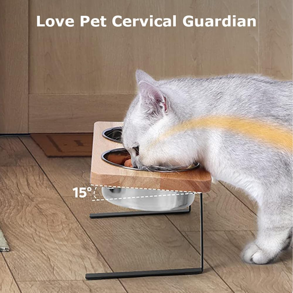 Elevated Cat Bowls with 2 Holder, Portable Pet Bowl Holder, Pet Bowls Stand, Raised Food Feeding Dishes, Bowl Holder Suitable for Medium Large Animals (Wood, 30&times;15&times;16 CM) image number 5