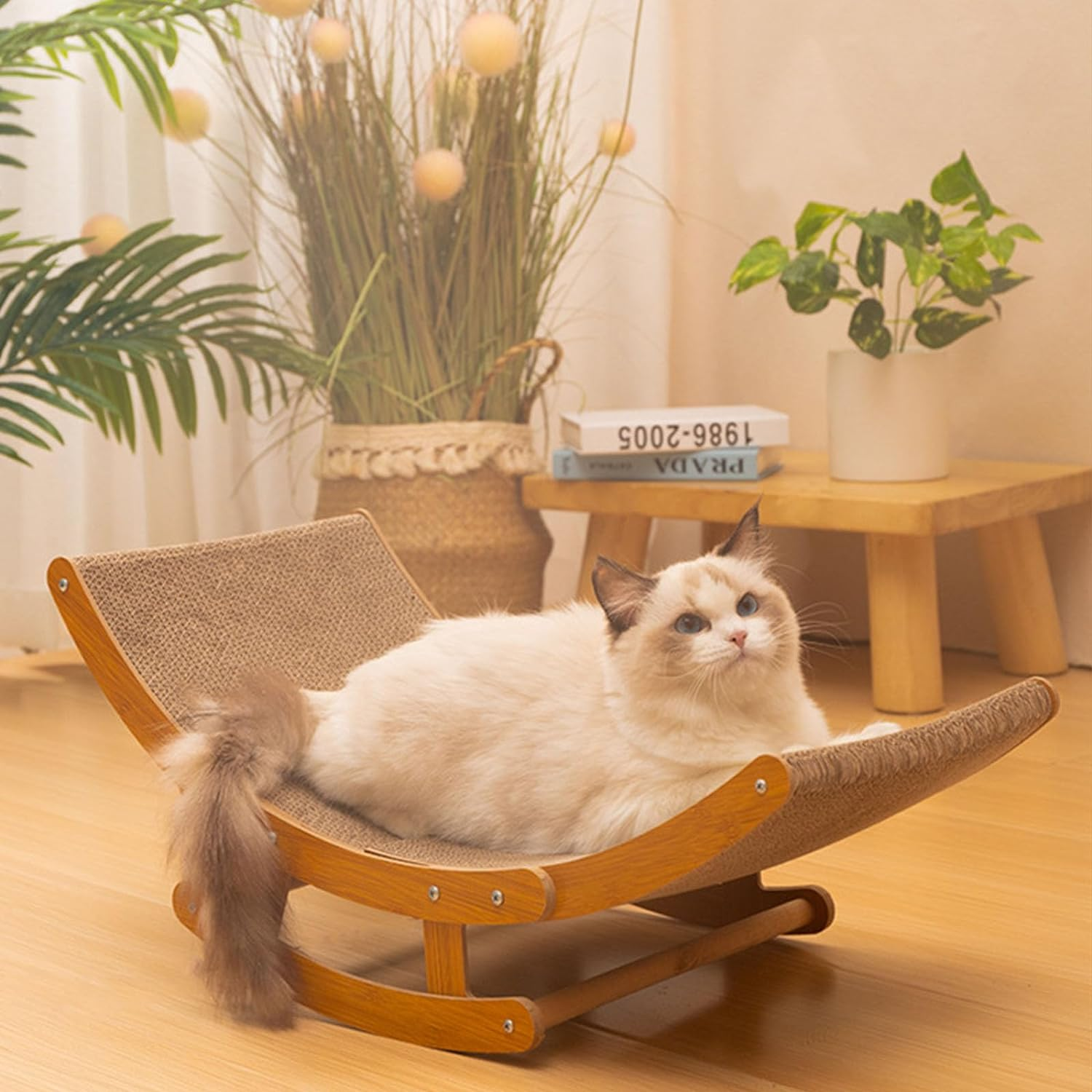 Agility 59X30X24CM Rocking Bed Cat Scratching Board， Corrugated Paper Wooden Cat Bed Cat Scratching Board All-In-One，Claw Sharpeners Condo Furniture Protector for Cats & Kittens