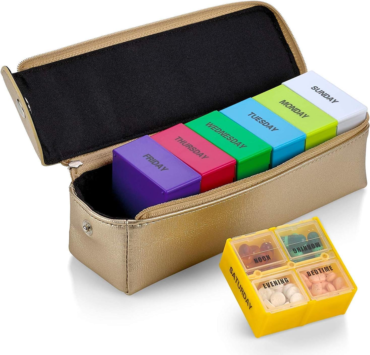 Large Weekly Pill Organizer Box in Gold Leather Case - 7 Day Week Pill Planner Organizers & Medication Reminder with 4 Times a Day - Daily Compartments That Is Ideal for Travel by Medca &hellip; image number 3