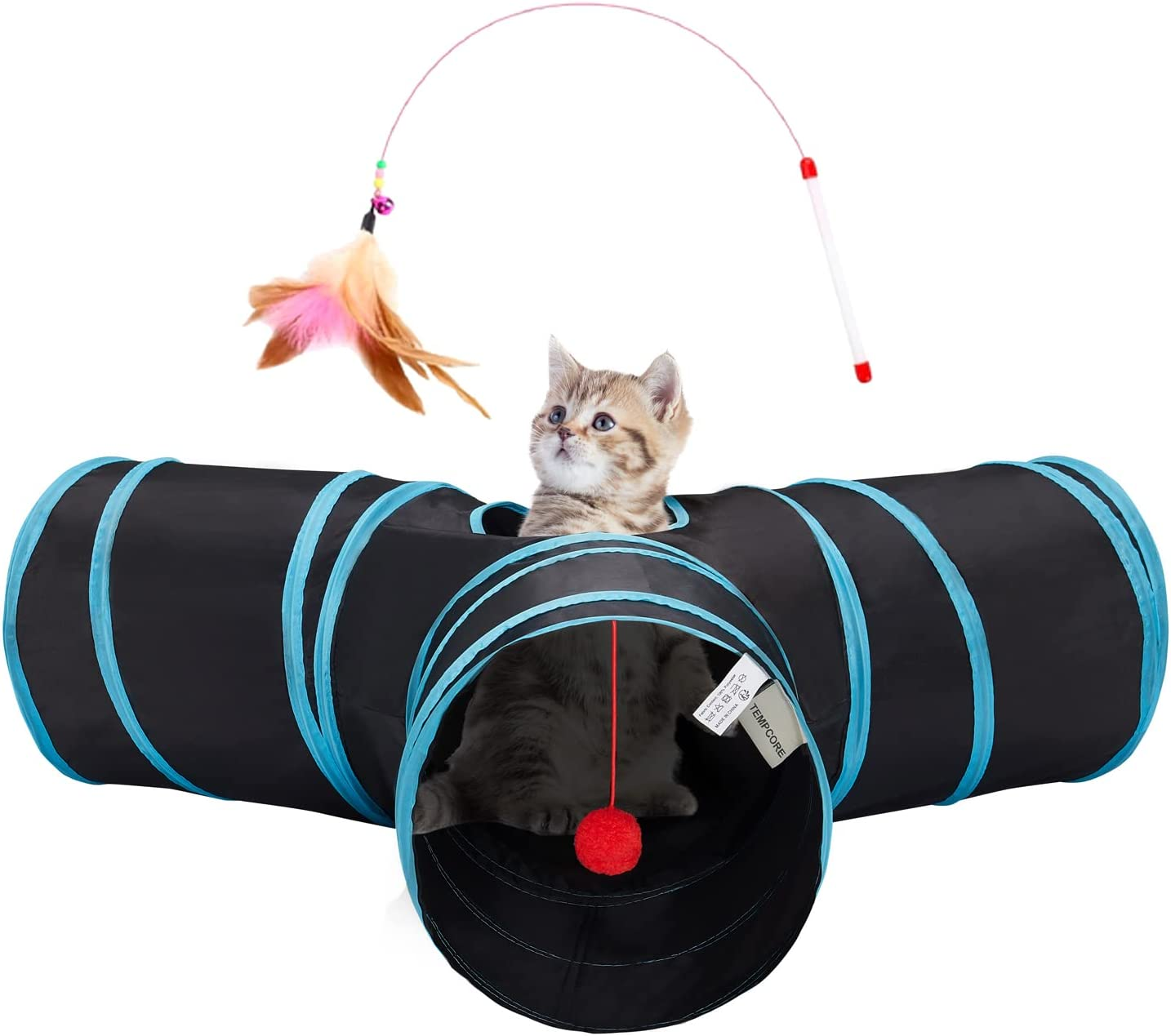 Tempcore Cat Tunnels for Indoor Cats Fleece-Lined in for Warmth, Pet Tube Toys 3 Way Collapsible, Pet Play Tunnel with Peek Hole Toy Ball for Kitty, Kitten, Rabbit, Geometry Blue