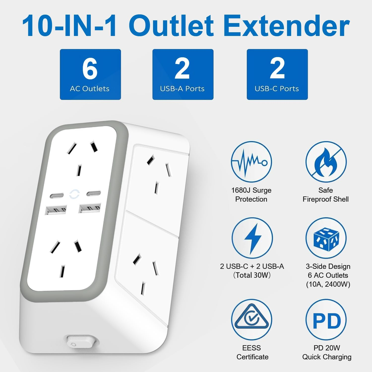 NEWSEE 6 AC Outlet Extender 2400W/10A Power Strip with 4 Fast Charging Ports (PD20W USB-C X2 + 15W USB-A X2) Surge Protector, Multi AU Plug Spaced Outlets Wall Adapter for Home, Office, Travel image number 1