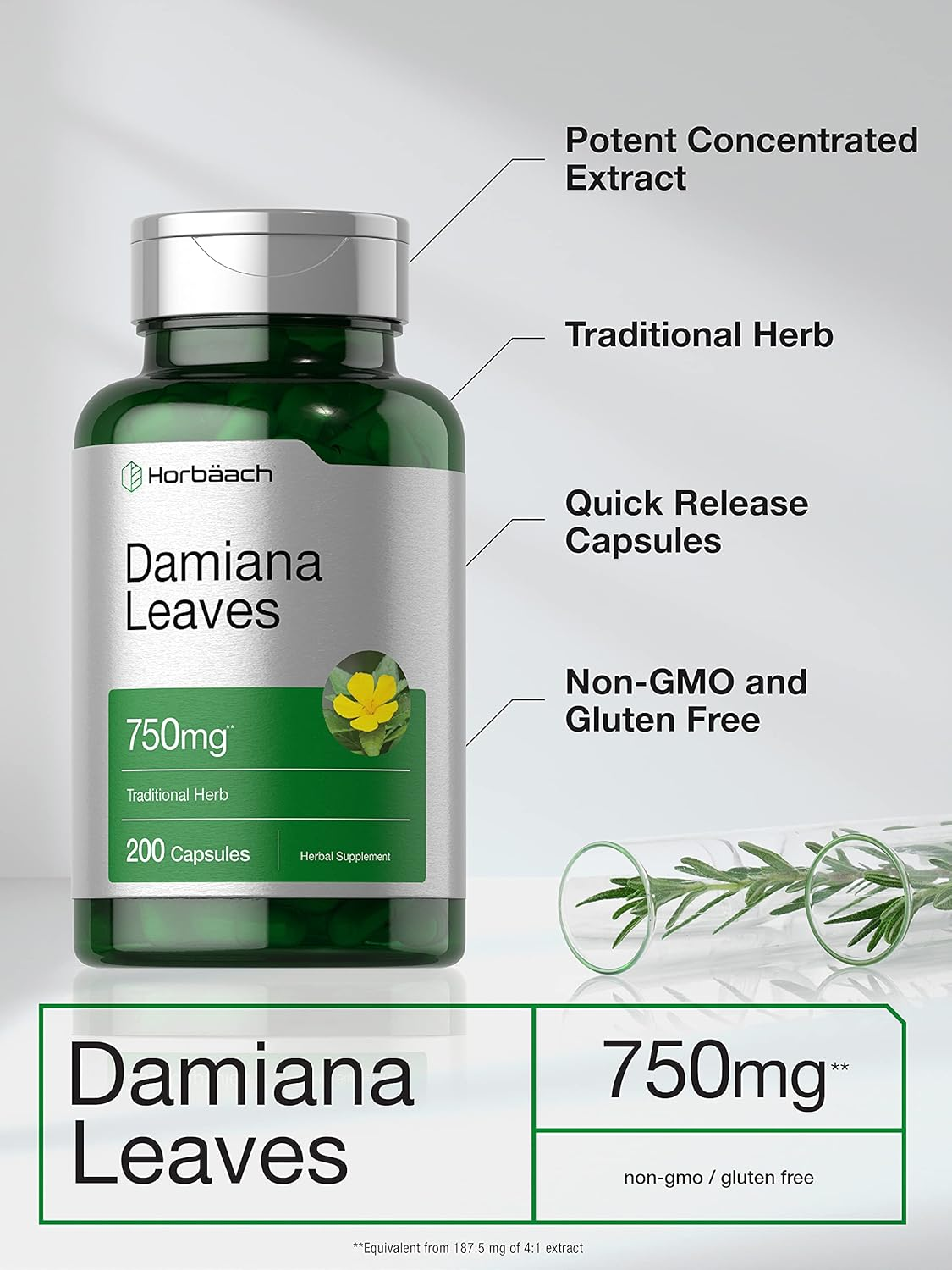 Damiana Leaf 750Mg | 200 Capsules | Non-Gmo, Gluten Free Supplement | by Horbaach image number 1