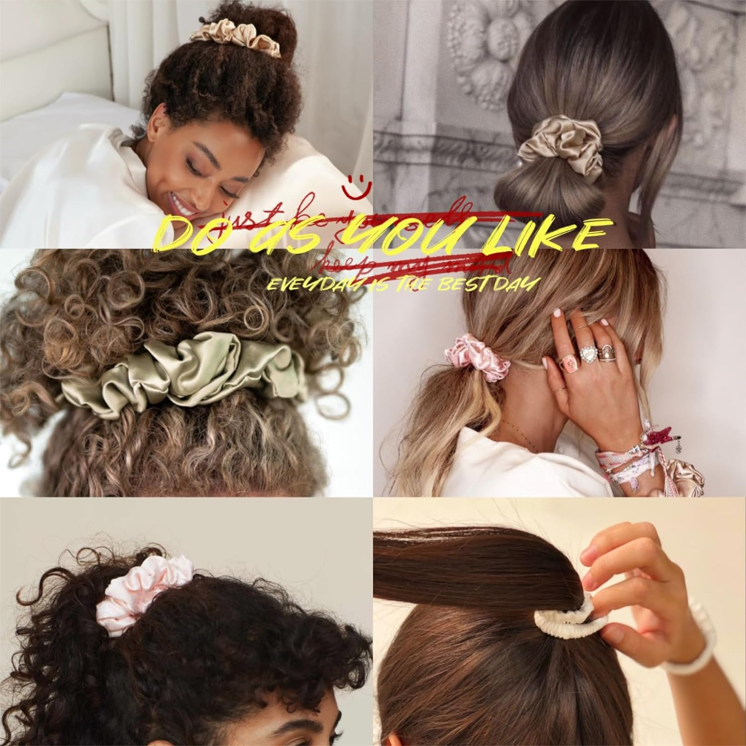 Silk Scrunchies 100% Pure Mulberry Thin Skinny Silk Hair Ties for Women & Girls No Damage Hair Bands Perfect for Ponytails & Sleep Small 5 Pcs Black/Green/Pink/Light Brown/Blue image number 2