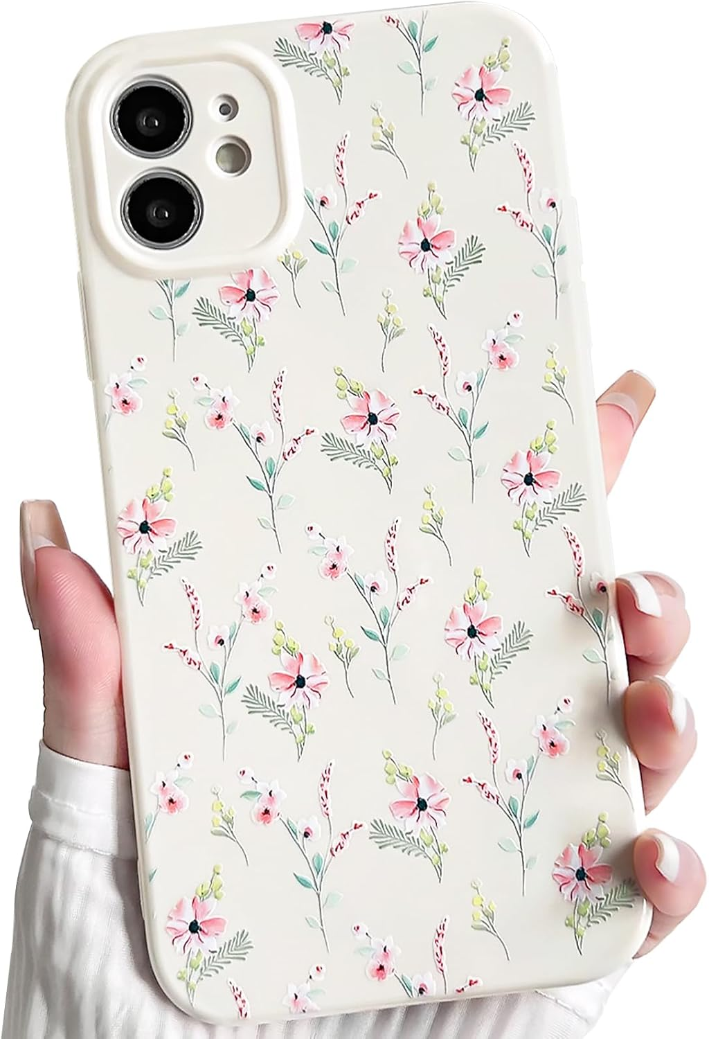 NITITOP Compatible with Iphone 12 Pro Case Cute Pink Flower Floral Aesthetic Design with White Back for Women Girls Trendy Slim Soft TPU Full Camera Shockproof Protective Cover - Pink