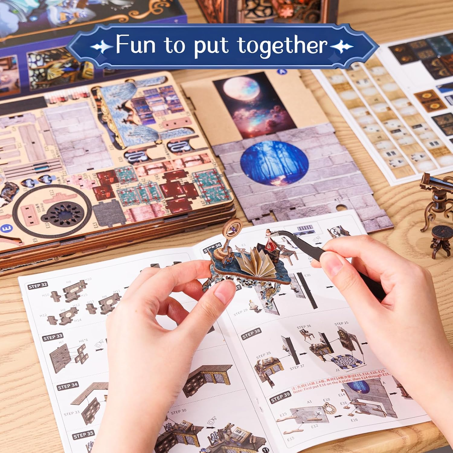 CUTEBEE DIY Book Nook Kit, 3D Wooden Puzzle Bookends DIY Dollhouse Miniature House Kit Bookshelf Decor Booknook Model Kit Book Nook Kits for Adults (Nebula Common Room) image number 2