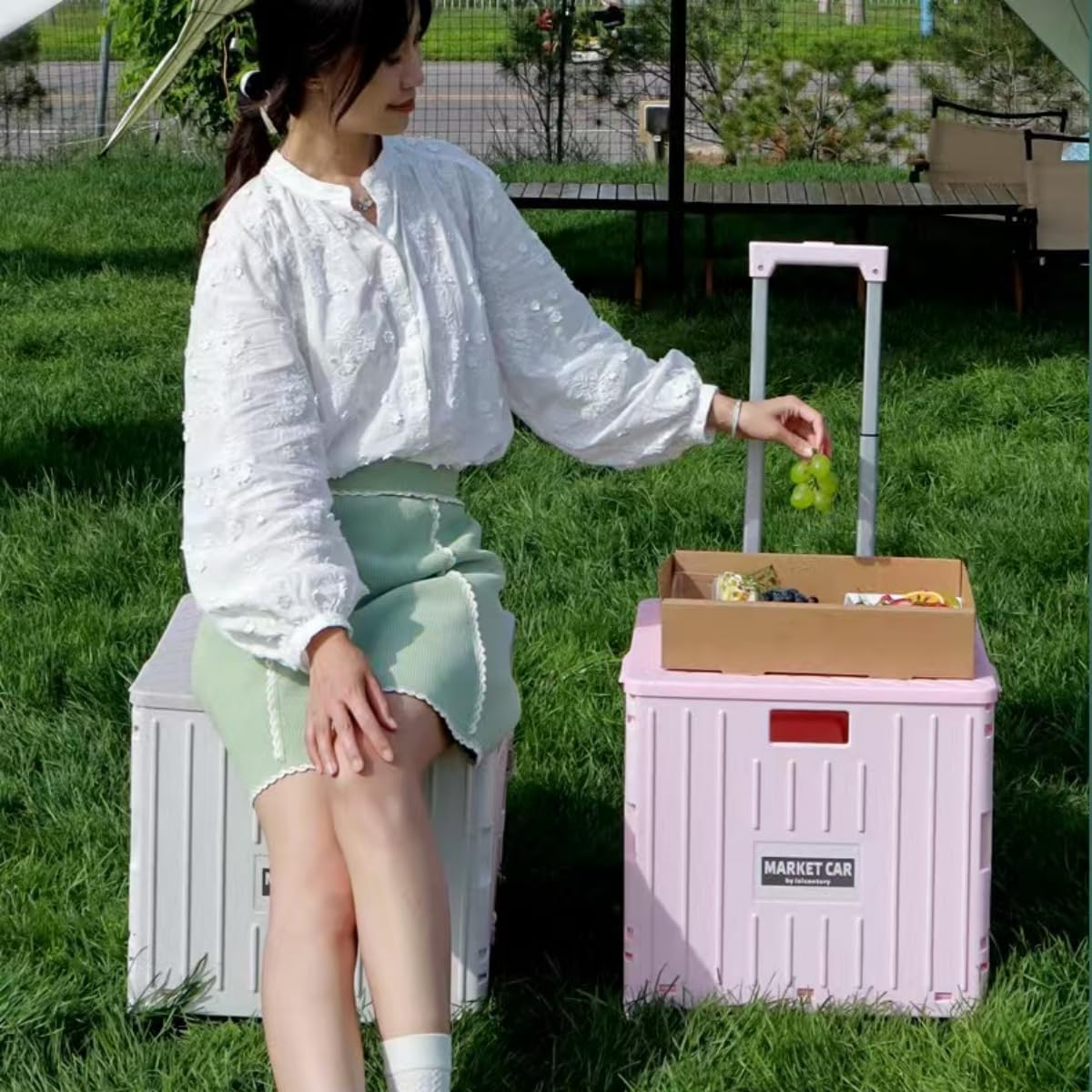 Foldable Shopping Cart 65L Plastic Shopping Trolley Stair Climbing Utility Crate,Folding Utility Cart Portable Rolling Crate with Collapsible 360&deg; Rotate Wheels&Telescoping Handle (White) image number 1