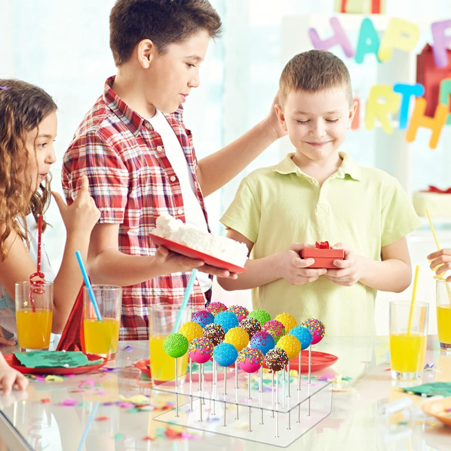 FOTOEVFC Acrylic Cake Pop Stand Holder, 20 Hole Display Stand with 100Pcs Lollipop Paper Sticks, Double Layer Design, Transparent image number 4