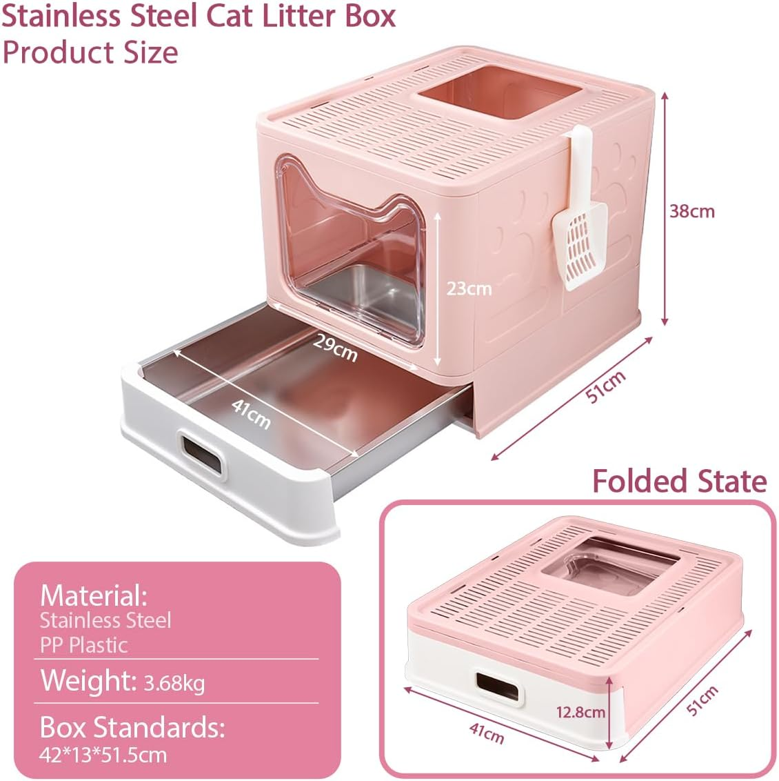 Blissify Enclosed Stainless Steel Litter Box, Large Kitty Litter Tray with Scoop & Drawer Design, Foldable Pet Toilet Box with High Sided, Anti-Leakage, Non-Sticky, Easy Cleaning, Pink image number 4