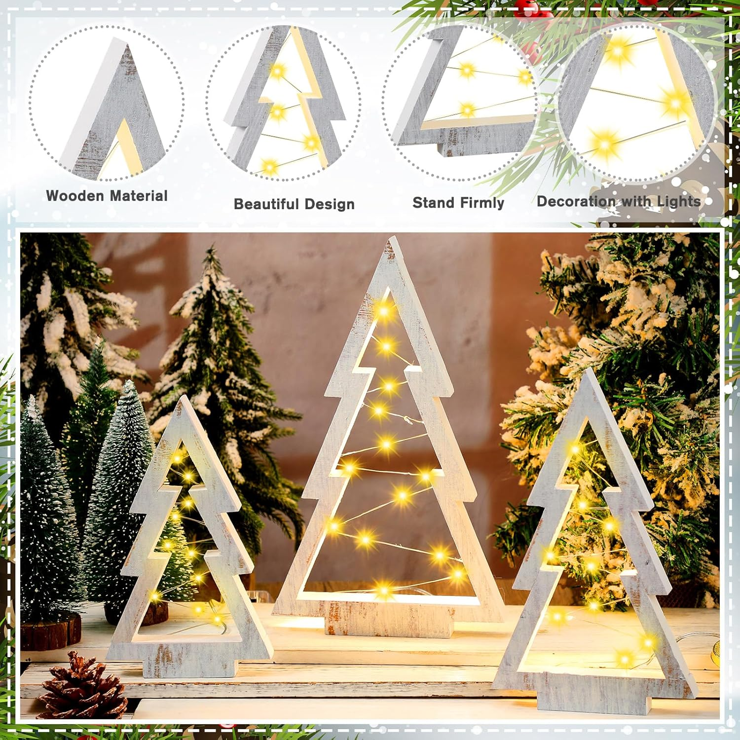 3 Pcs LED Wooden Christmas Tree Tabletop Decoration Rustic Xmas Tree Table Centerpieces with Light Farmhouse Standing Christmas Tree Christmas Tiered Tray Decor for Fireplace Home Party image number 1