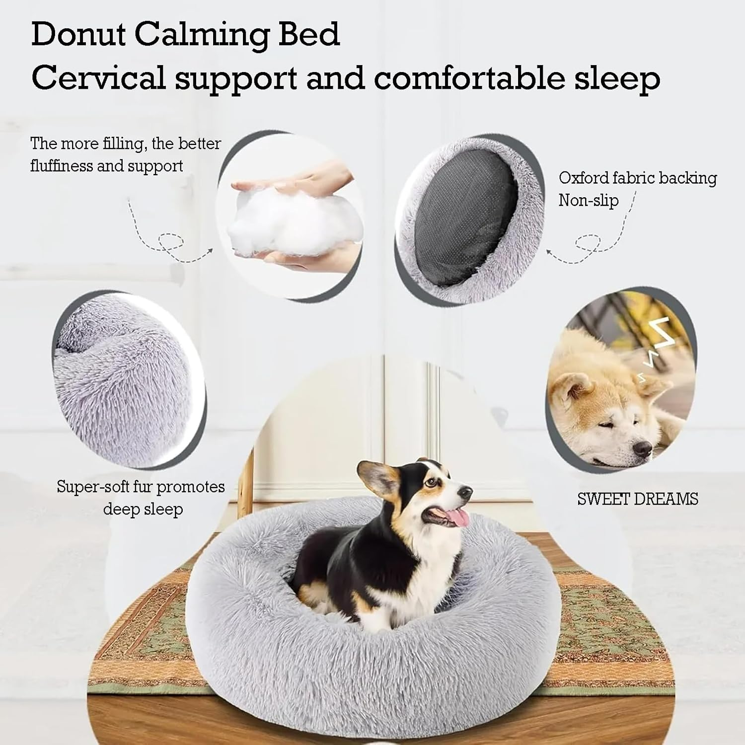 80Cm Medium Calming Dog Bed, Anti-Anxiety Donut Cuddler Cat Bed with Anti-Slip Bottom, Washable round Fluffy Pet Bed for Medium Large Dog & Cat, Light Grey image number 5