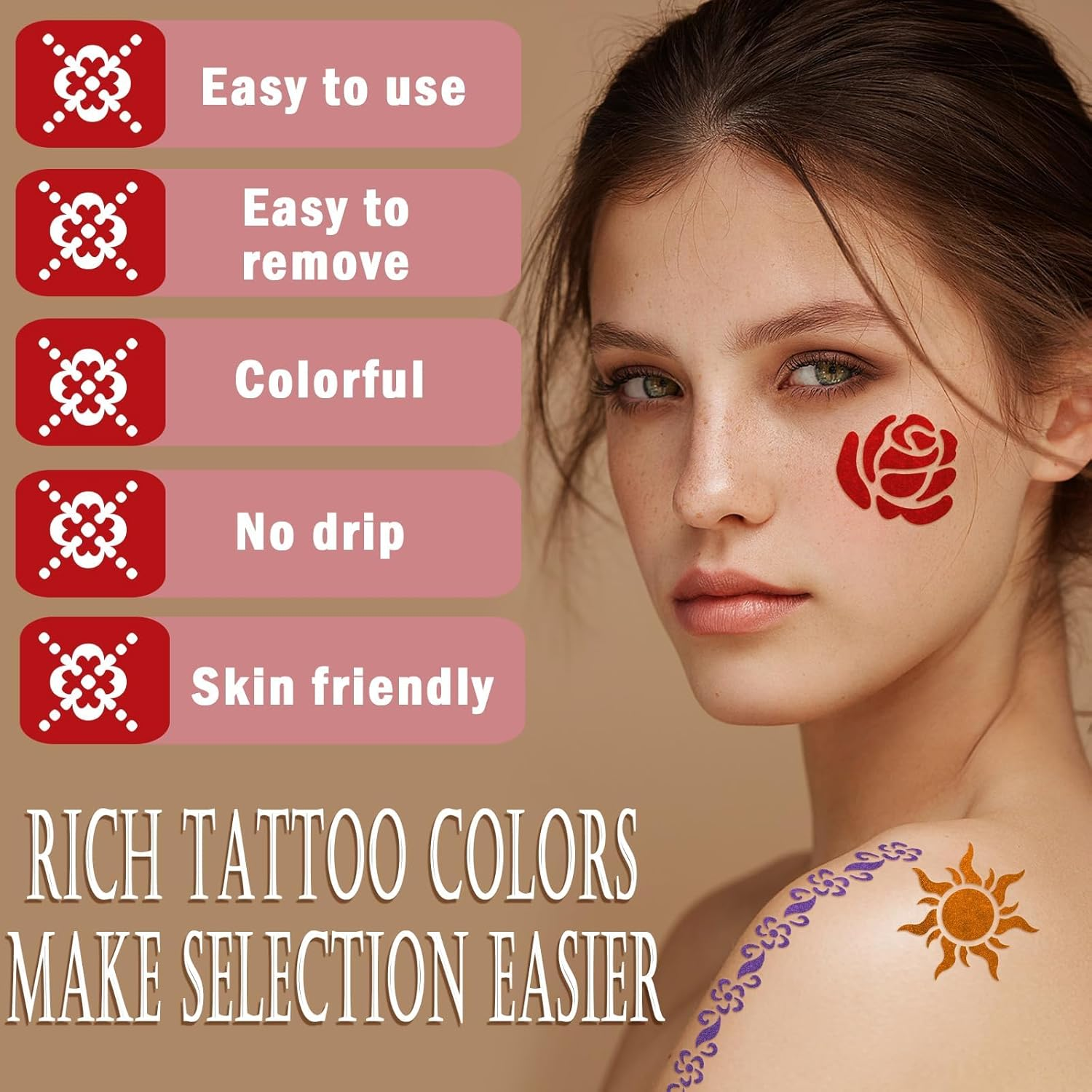 Temporary Tattoo Markers for Kids and Adults, 10 Metallic Markers and 155 Tattoo Stencil Designs, Cosmetic Tattoos Pens for Party Favor Gift and Face Painting image number 3