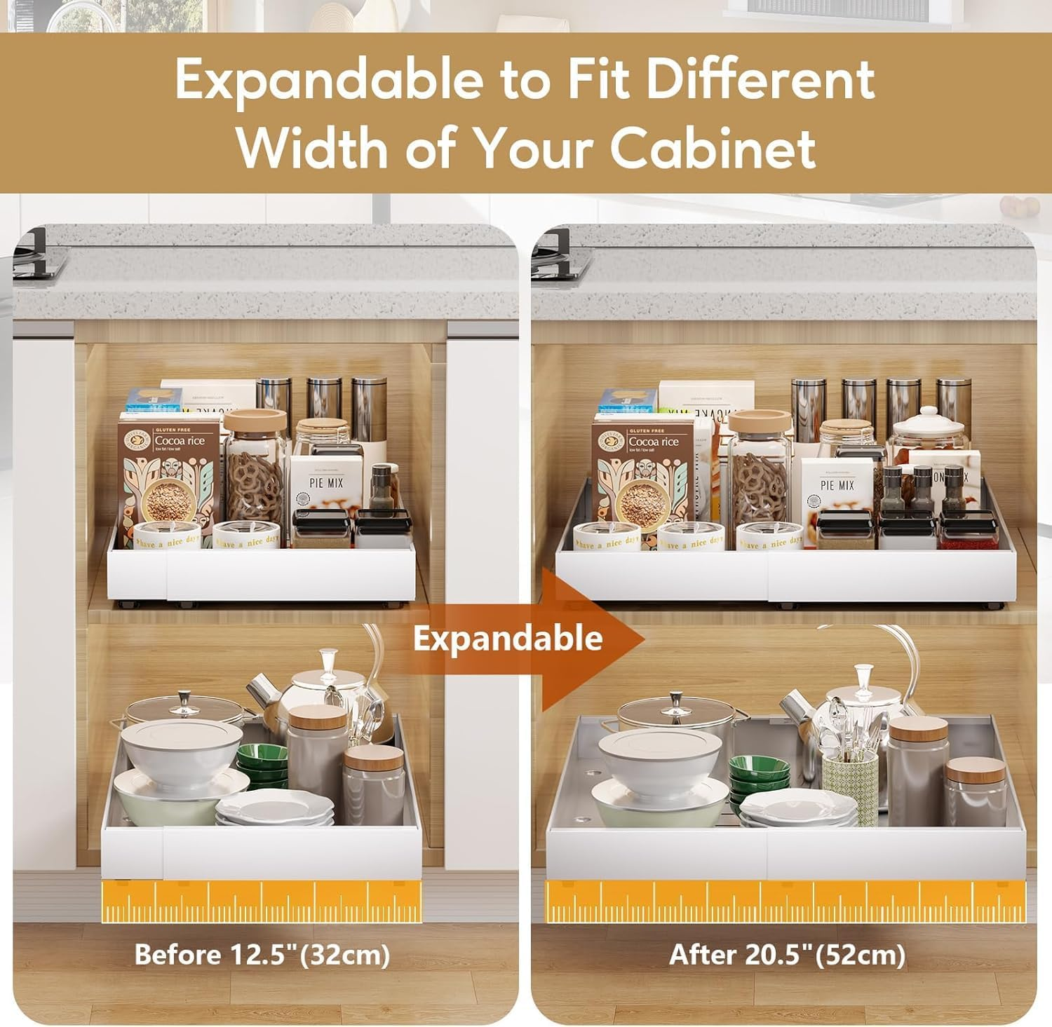 2 Pack 53Cm Deep Pull Out Cabinet Organizer, Expandable Pull Out Drawers for Cabinets Adhesive with Film, Upgrade 3 Slide Rails Slide Out Drawers, Width 32Cm to 52Cm White image number 5