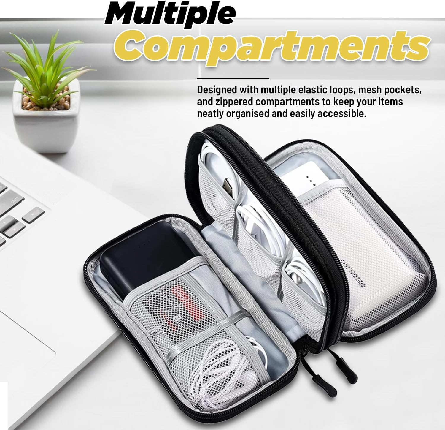 Cable Organiser Bag with Bonus Silicone Cable Ties - Double Layer Waterproof Travel Case for Electronics | Compact Pouch with SD Card Slots, USB Cable Holder | Travel Organiser for Power Cords - Pink image number 1