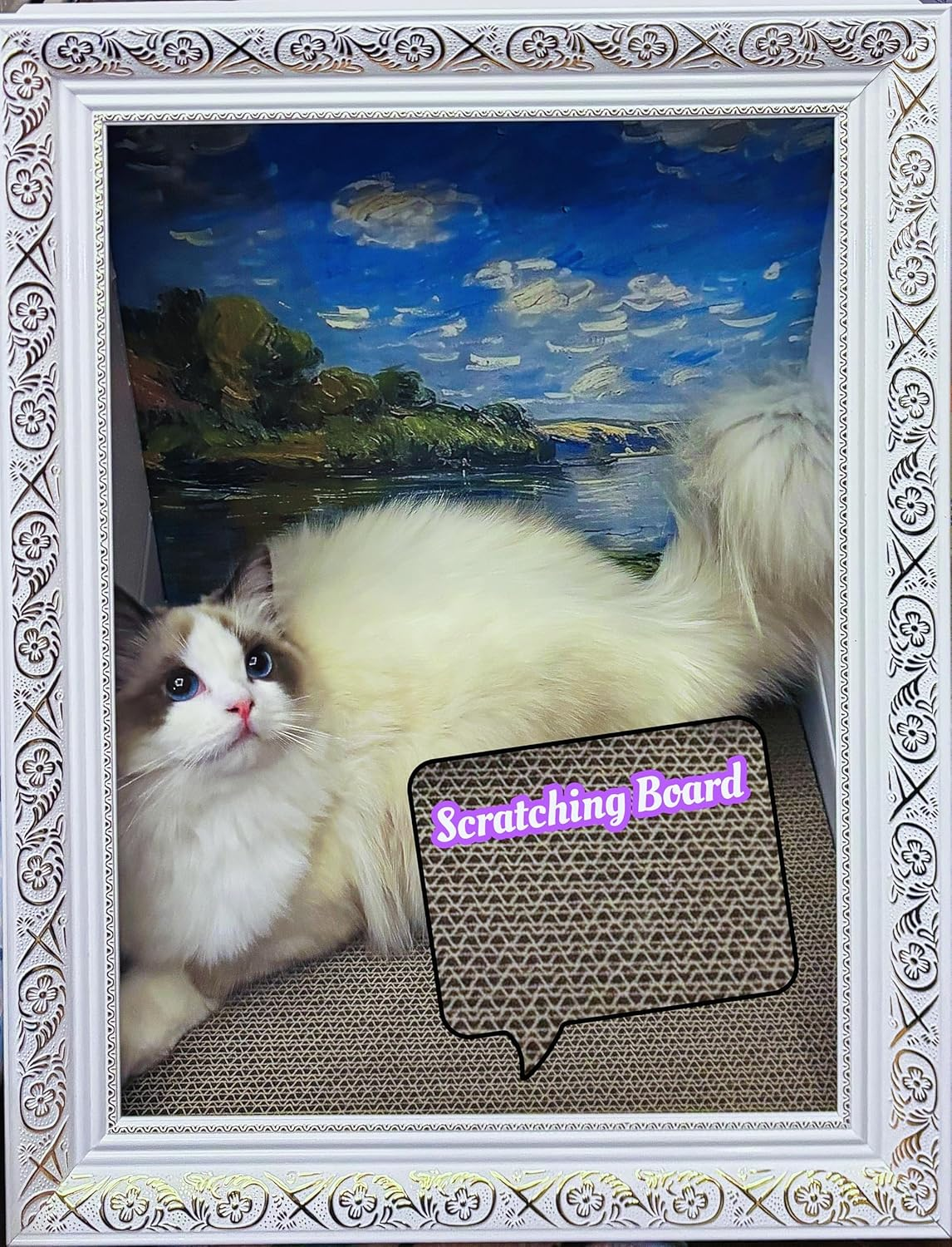 Cat Scratcher Bed, Durable Scratching Cardboard for Indoor Cat House, Artistic Oil Painting with Durable Scratcher Pad Surface for Cats, Cat Condo with Scratcher Pad, Scratch Furniture (Gold) - Gold image number 6