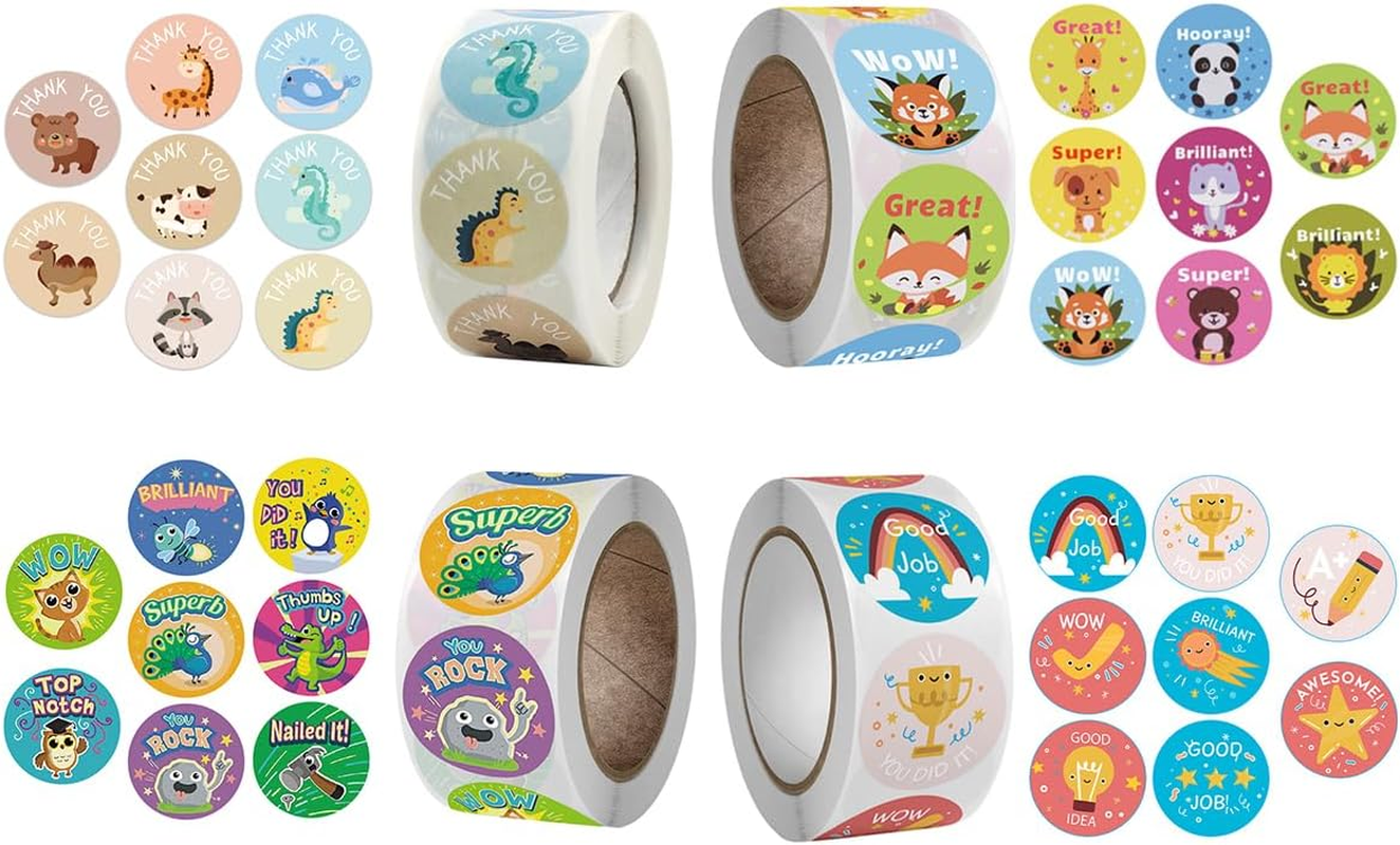 KALYRON 2000 Pcs Animal Reward Stickers,Fun Cartoon Bonus Stickers with Motivational Phrases, Perfect for Teachers, Students & Classroom Awards (Assorted Designs 4 Rolls