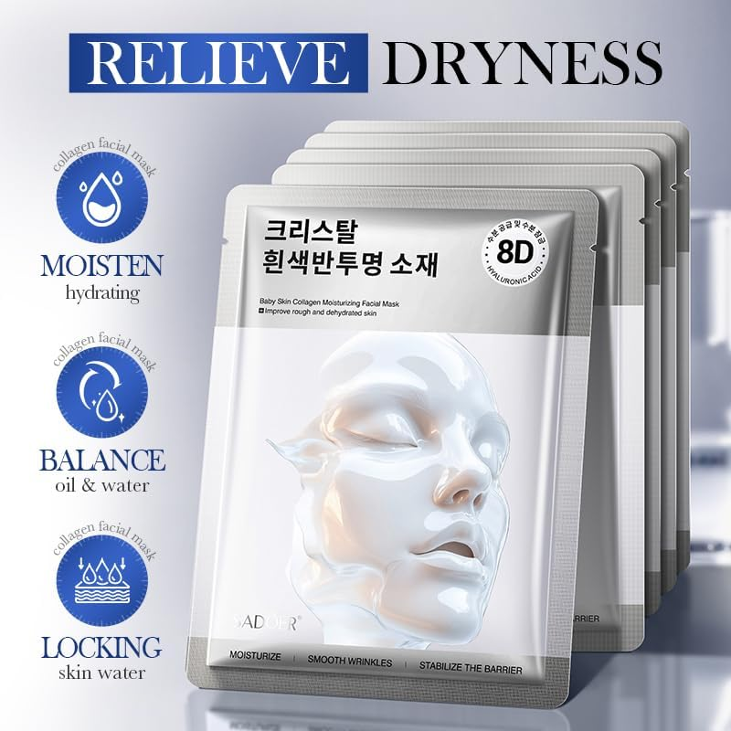 Korean Face Mask 5Pcs, Baby Skin Collagen Moisturizing Mask with 8 Types of Hyaluronic Acid and Hydrolyzed Collagen to Moisturize & Smooth Wrinkles, and Improve Skin Elasticity - Collagen image number 6