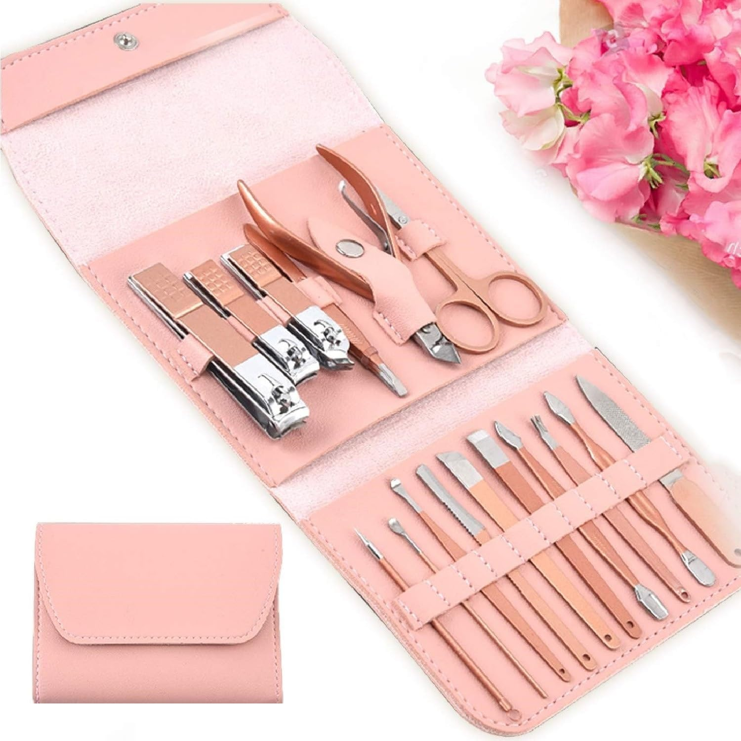 Manicure Set, Pedicure Set, 16 in 1, JUYOU Professional Grooming Kit-Stainless Steel Nail Clippers Set Travel Case-Facial and Nail Care Tools for Men and Women (Rose Gold 16 in 1)