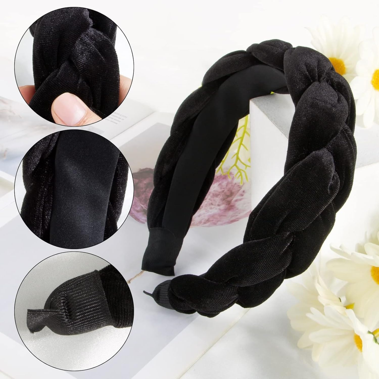 KOMUNJ Velvet Headband Braided Headband Wide Hair Band Vintage Padded Headband DIY Styling Headpiece image number 1