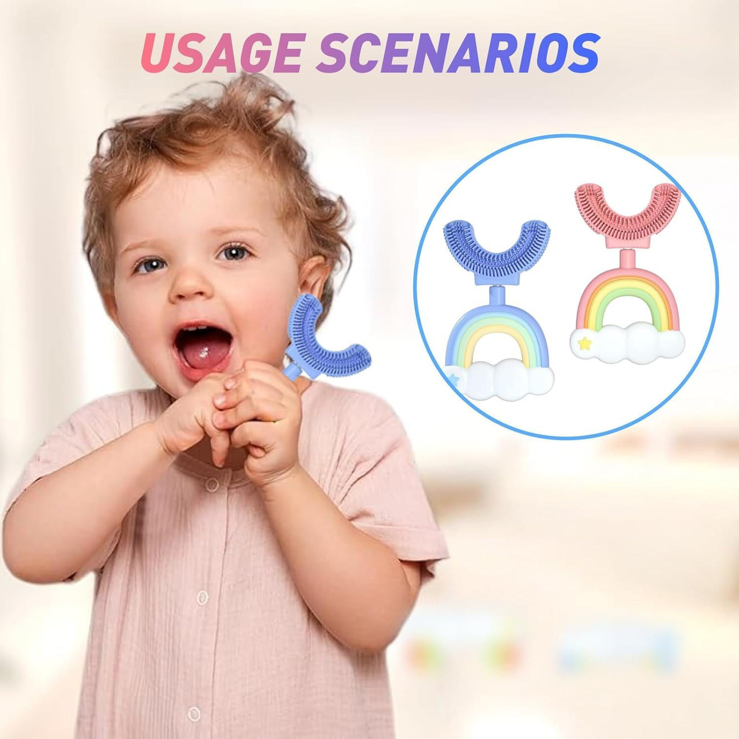 2 Pcs U Shaped Silicone Toothbrush for Kids Age 1-7 Years Extra Soft 360&deg; Teeth Cleaning Toddler Toothbrush for Sensitive Gums Easy Grip Handle Pink Blue
