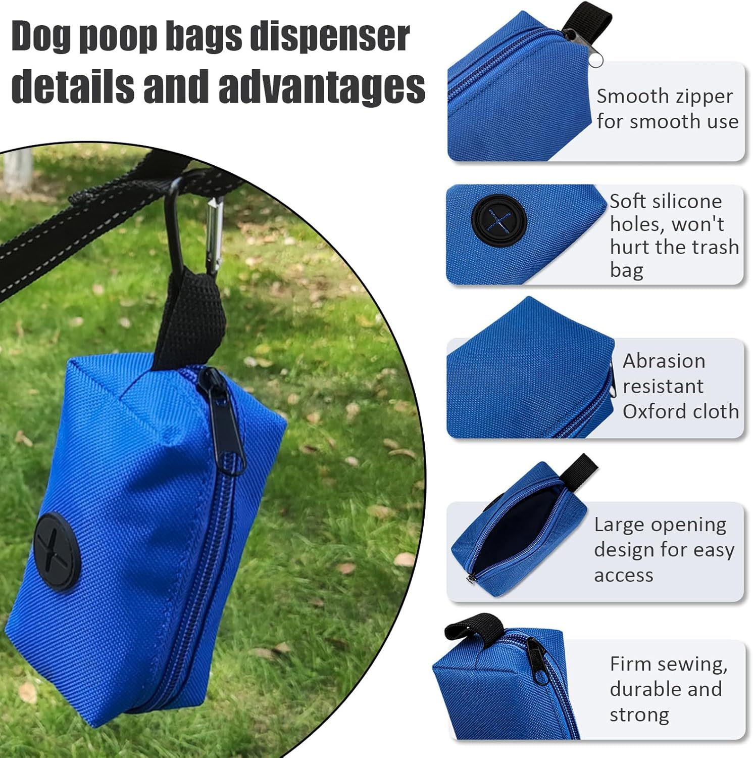 2Pcs Dog Poop Bag Holder for Leash Attachment, Hand Free Pet Waste Bag Dispenser Zippered Pouch, Portable Lightweight Fabric Bag Set with Leash Clip for Doggie Puppy Trash Bags (Gray) image number 3