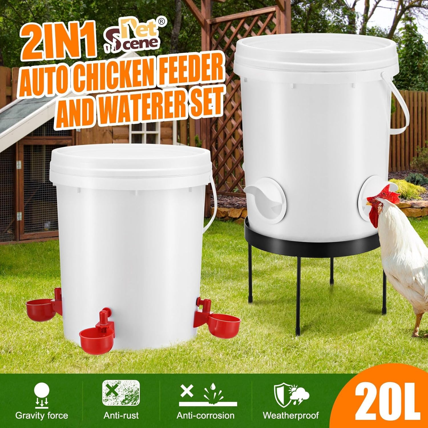 Pet Scene 20L Chicken Feeder Waterer Set, Raised Stand Auto Water Food Dispenser for Chook Hen Chick Poultry, with Drinker Cup, PVC Feeding Port
