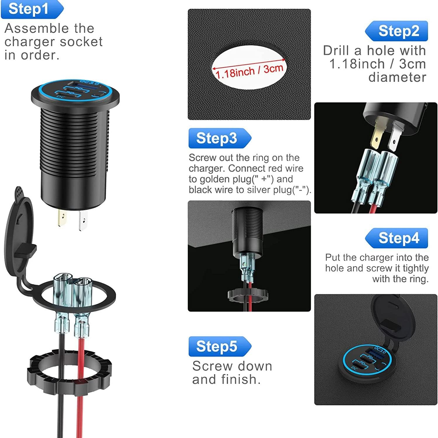 Dual PD USB-C Car USB Port Socket with Power Switch Fast Charge Black for Car Boat RV Marine ATV image number 5