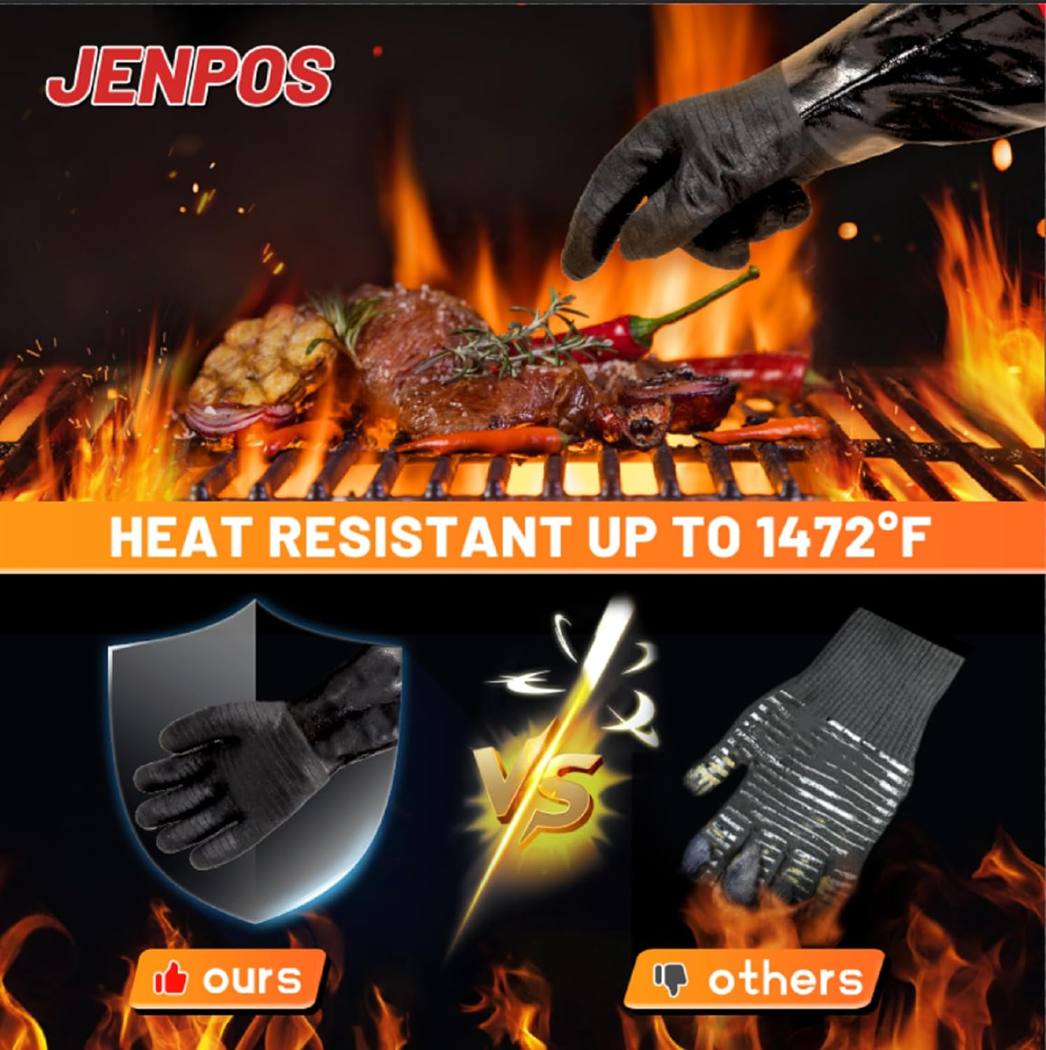 JENPOS BBQ Gloves - 1472&deg;F Thicken Heat Resistant Gloves W/S-Hook 14 in Kitchen Oven Mitts Waterproof Grill Gloves Oil Resistant Grilling Gloves Cooking Gloves for Turkey Fryer/Baking/Oven/Smoker image number 2