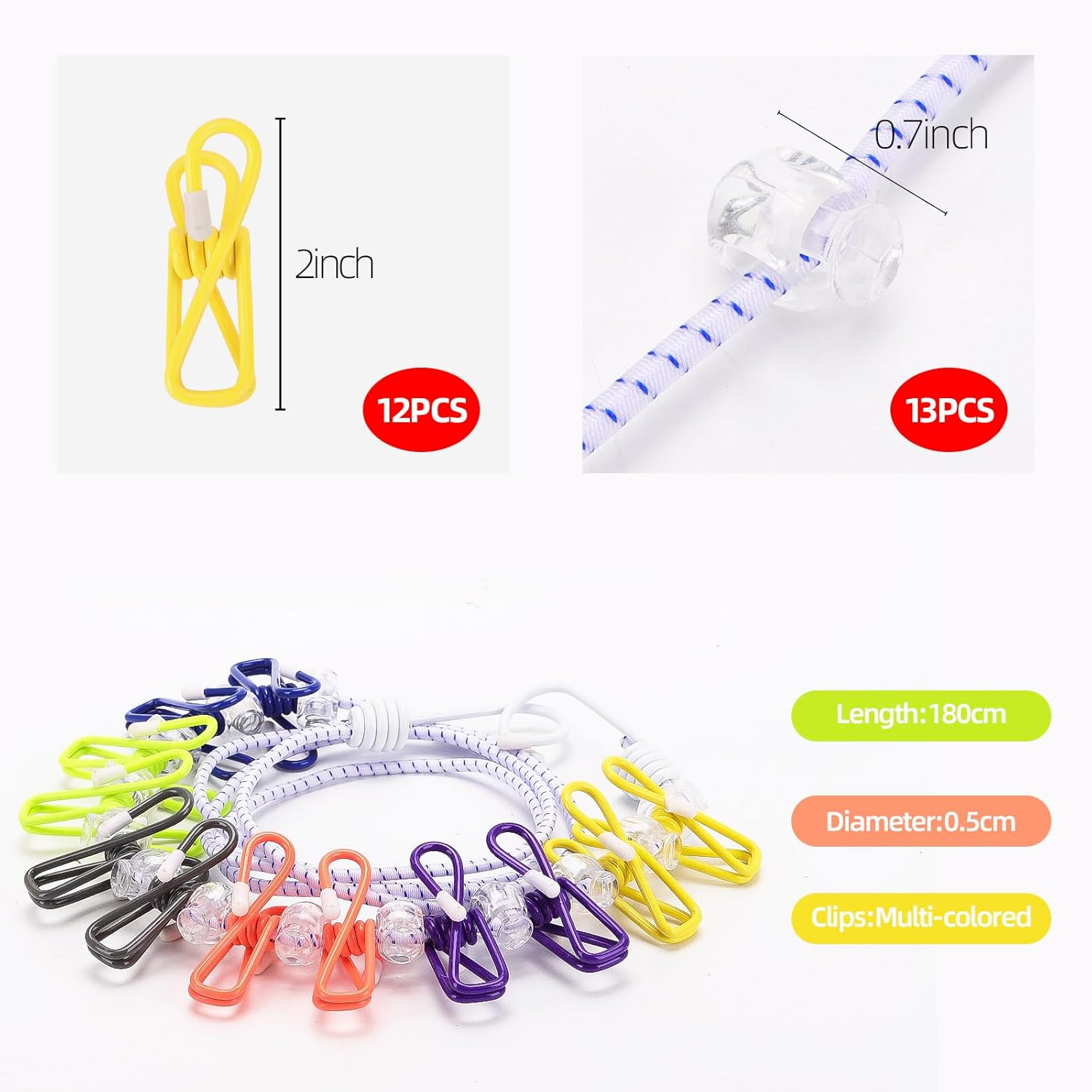 Retractable Travel Clothesline, 180Cm Portable Clothes Line with 12 Clothespins Chip Clips and 13 Cord Lock for Indoor Laundry Drying Line, Outdoor Camping Accessories image number 3