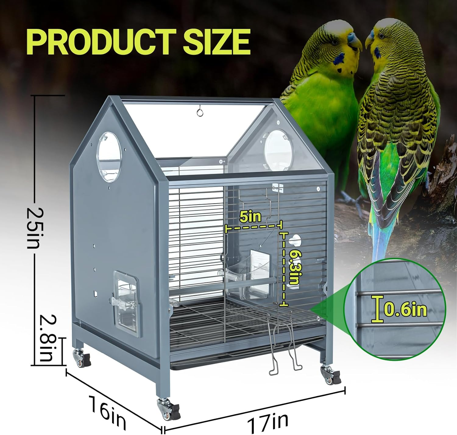 SUKEOPET Acrylic Bird Cage, 25 Inch Medium Rolling Birdcage with Water Bottle Bird Feeder Perch, Panoramic View Bird Cage for Conure Lovebird Parrot Parakeet Cockatiel image number 2