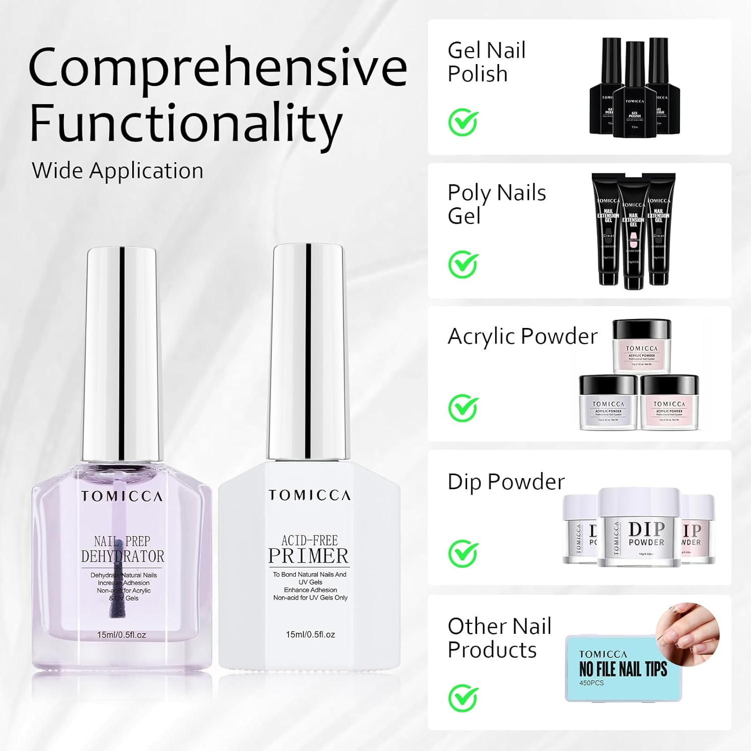 TOMICCA Nail Dehydrator and Primer Set, 2 * 15ML Gel Nail Polish Nail Primer and Nail Dehydrator, Acid Free Superior Protein Bonding, Fast Air Dry for Gel Polish and Acrylic Powder image number 4