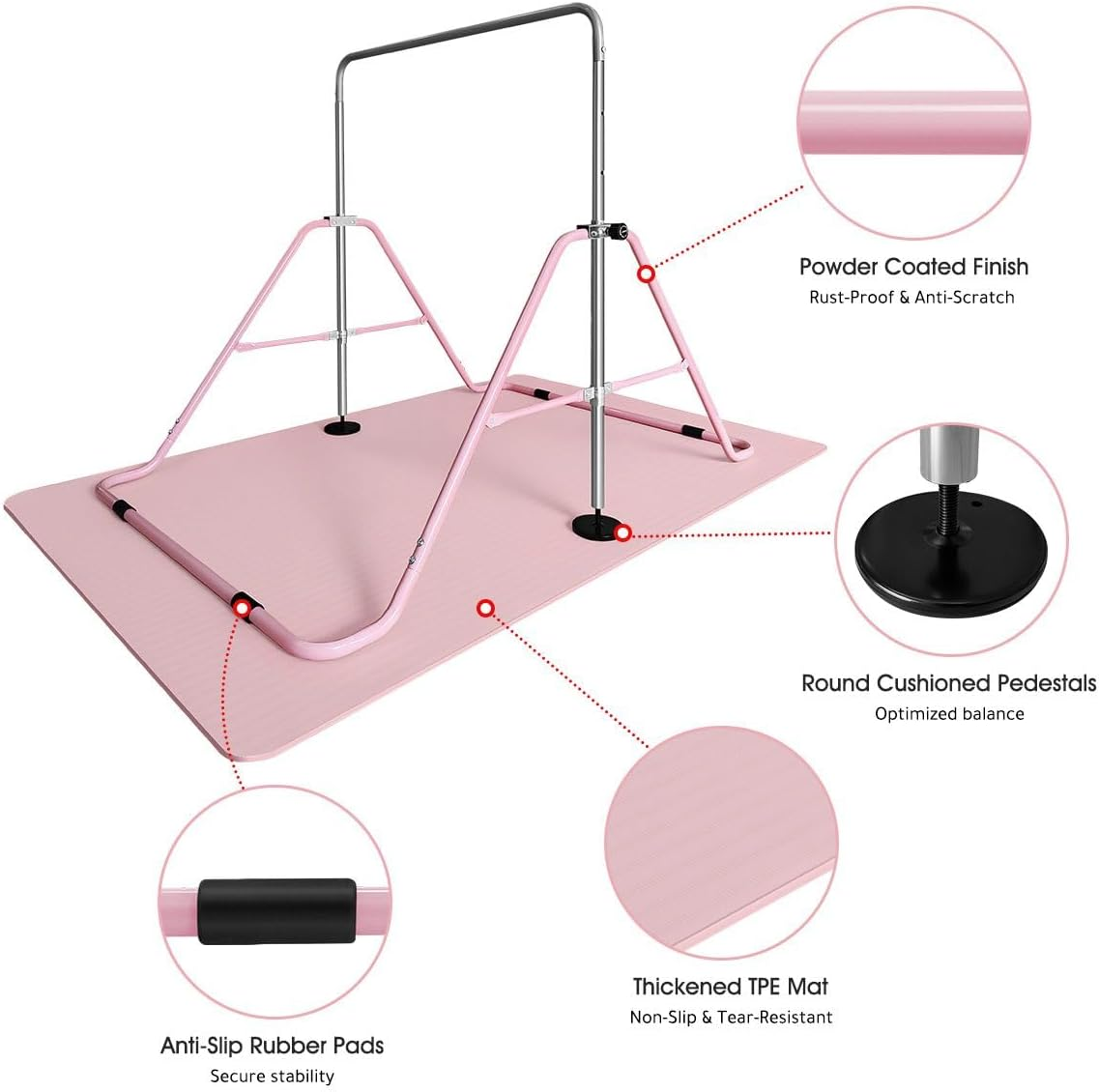Genki Expandable Gymnastics Bars, Adjustable Height Gymnastic Horizontal Bars,Junior Climbing Frame Training Bar Children Folding Training Monkey Bars for Kids,Pink&hellip; - Pink/Mat 90-142 Cm image number 5