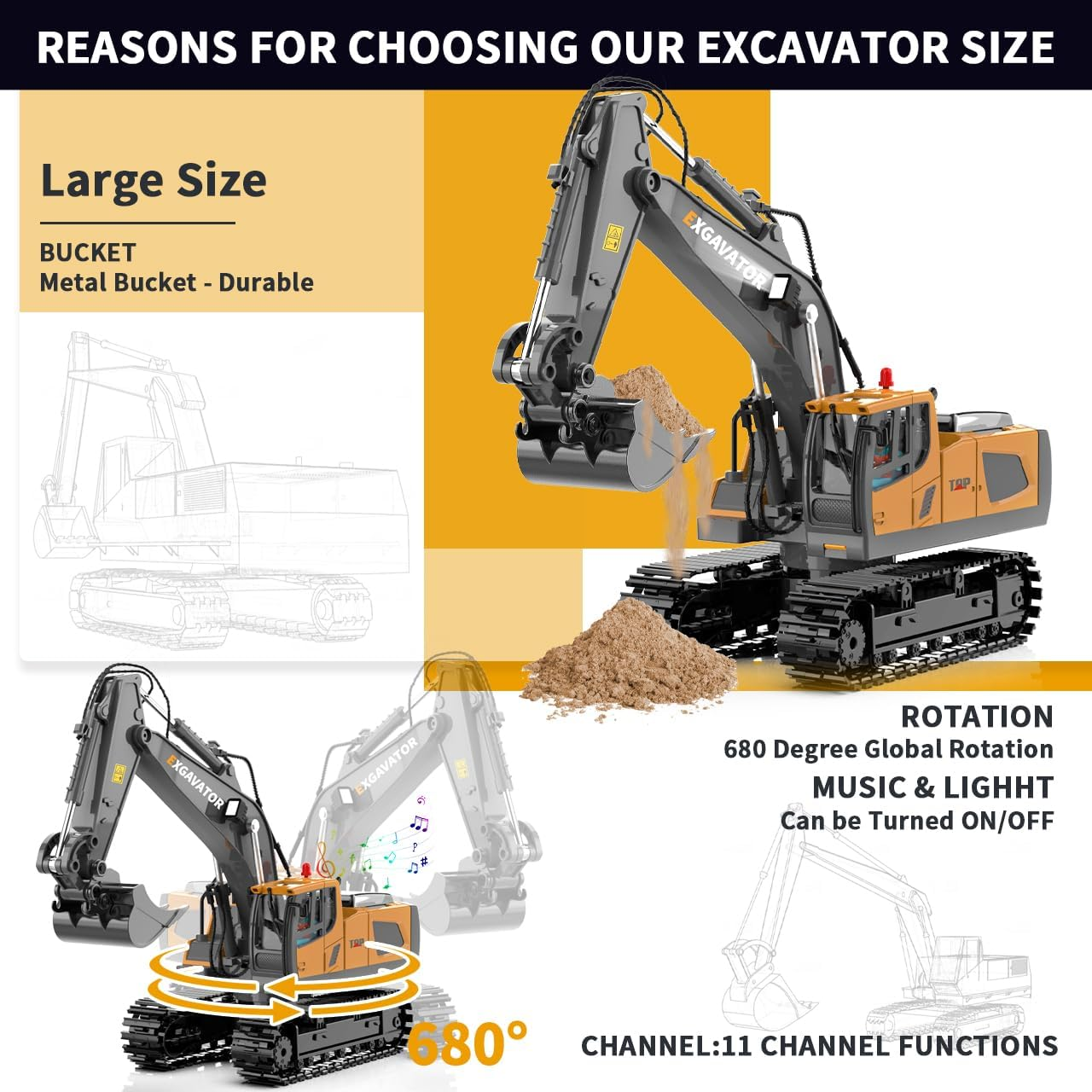 Remote Control Excavator RC Digger Toy for Boys, 11 Channel Hydraulic Turns 680 Degree, Construction Toys with Metal Shovel, Lights, Sounds, 2 Rechargeable Batteries, Yellow image number 4