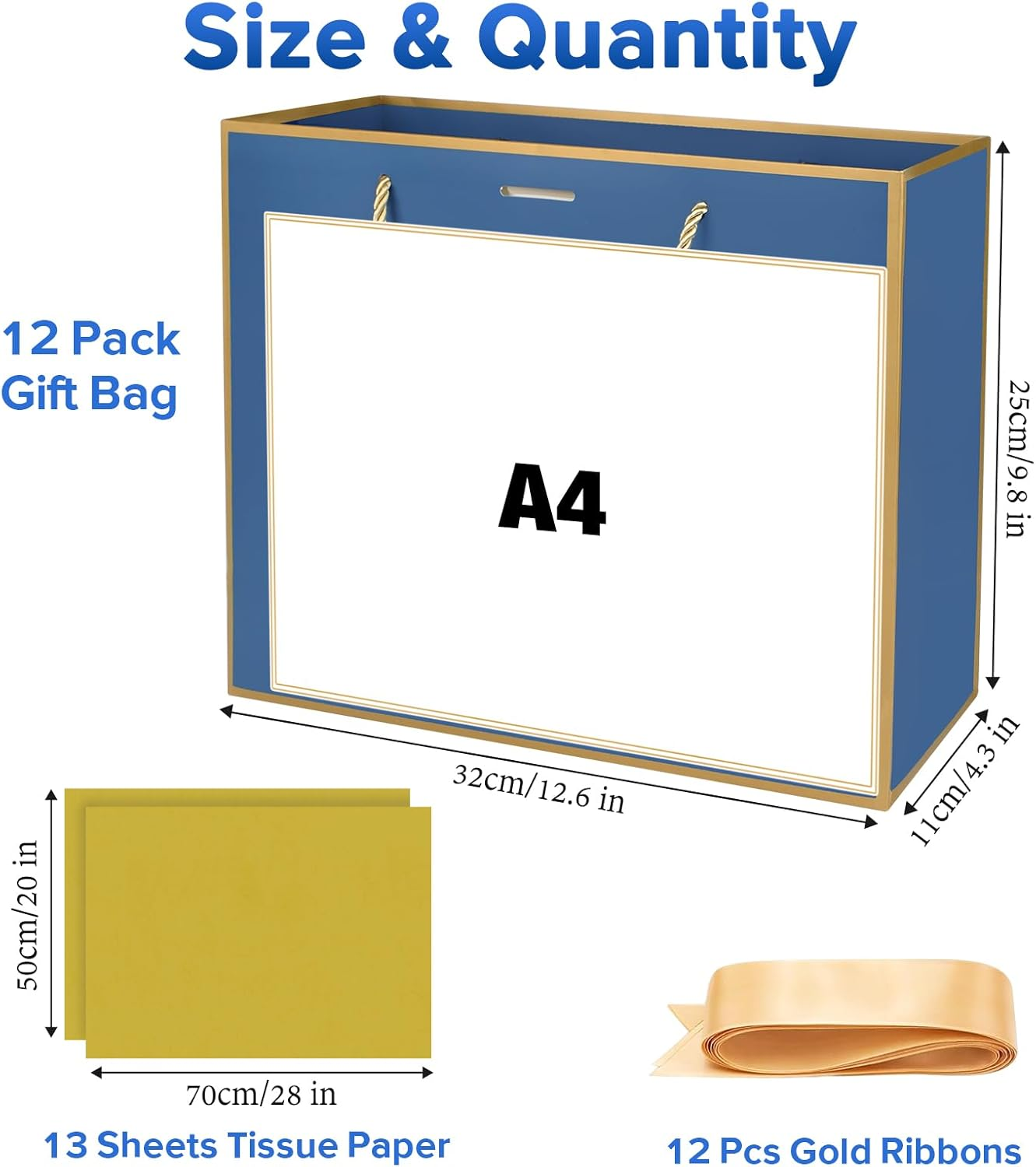 Oundarm 12 Pack 32 X 25 X 11CM Bow Blue Gold Handles Gift Bags with Gold Tissue Papers and Ribbons, Gift Paper Bags Bulk for Bridesmaid Birthday Fathers Day Graduation Anniversary Christmas image number 3