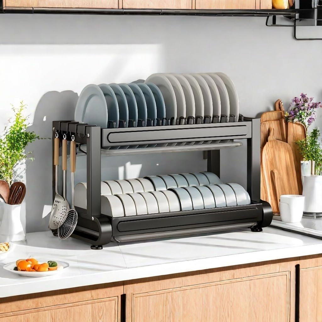 2-Tier Dish Drying Rack with Drainer Board, Rustproof Dish Drainer with Cutlery Utensil Rack & Holders for Kitchen Storage & Organisation, Black image number 6