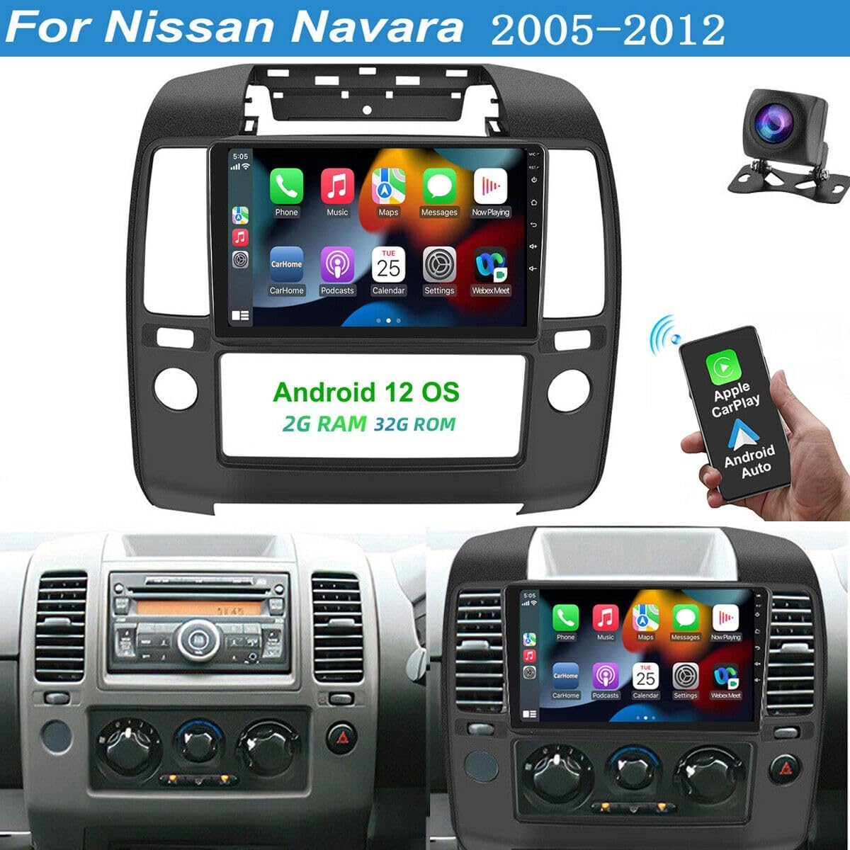 Car Stereo Compatible for Nissan Navara D40 2006-2012 Double DIN Car Stereo Radio 2+32G 9" Touch Screen Radio Wireless Carplay Android Auto Bluetooth Wifi FM GPS AHD Camera image number 3