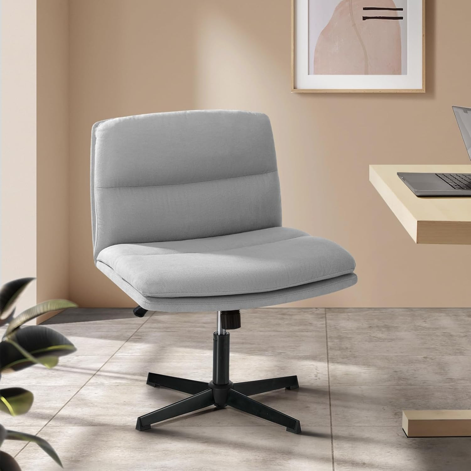 Oikiture Cross Legged Chair with Wider Cushion Padded Max 120&deg;Rocking Home Office Chair Linen Fabric Computer Desk Chair Grey