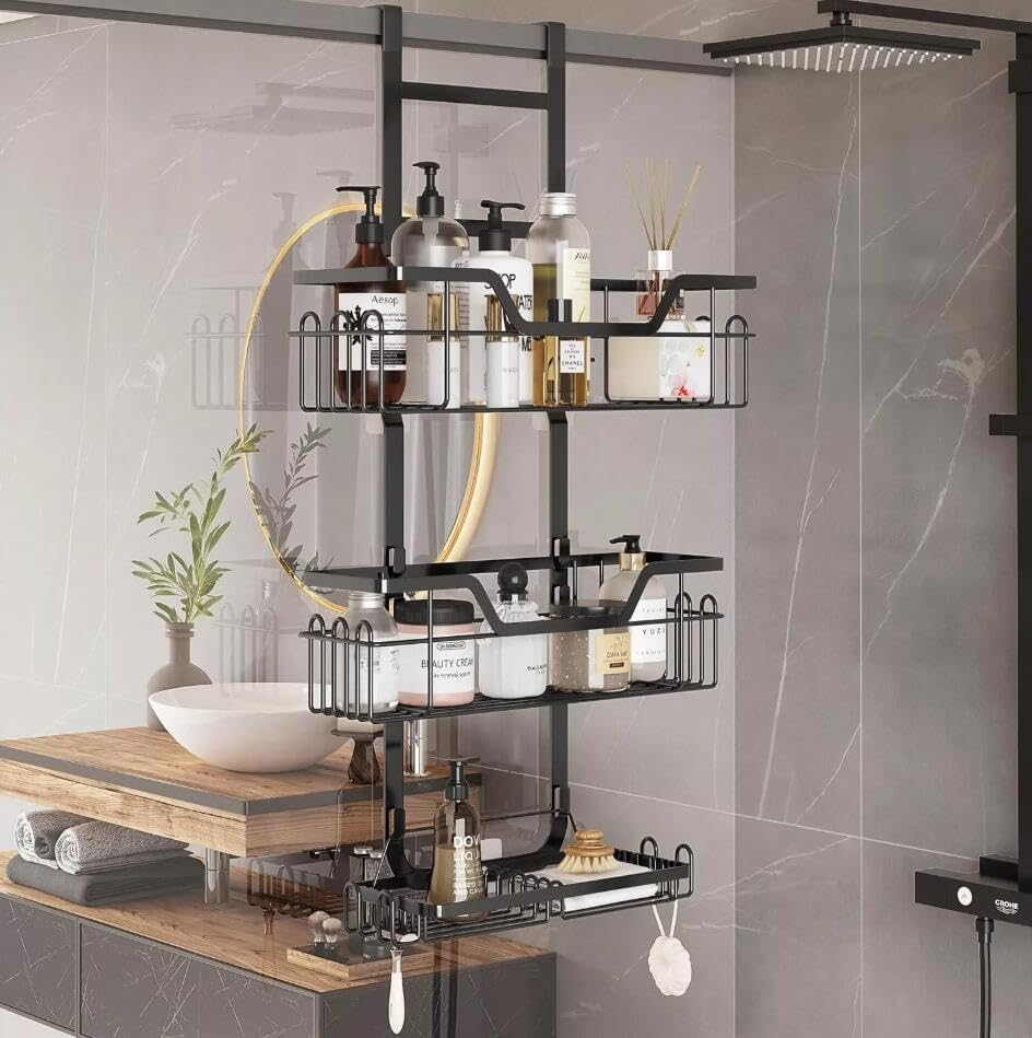 3 Tier over the Door Shower Caddy Hanging, Rustproof Bathroom Caddy Shower Shelf with 4 Hooks,Bathroom Organizer Space-Saving Storage for Shampoo, Soap & Towels image number 1