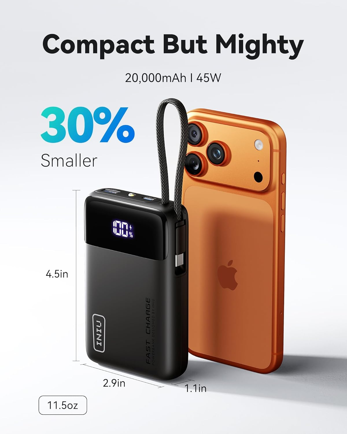 INIU Power Bank, 20000Mah 45W Portable Charger with Built in Cables, Fast Charge 3 at Once, USB C in & Out Battery Pack Fast Charging, PD 3.0+QC 4.0 Compatible with Iphone 16 15 14 13 Etc. image number 6