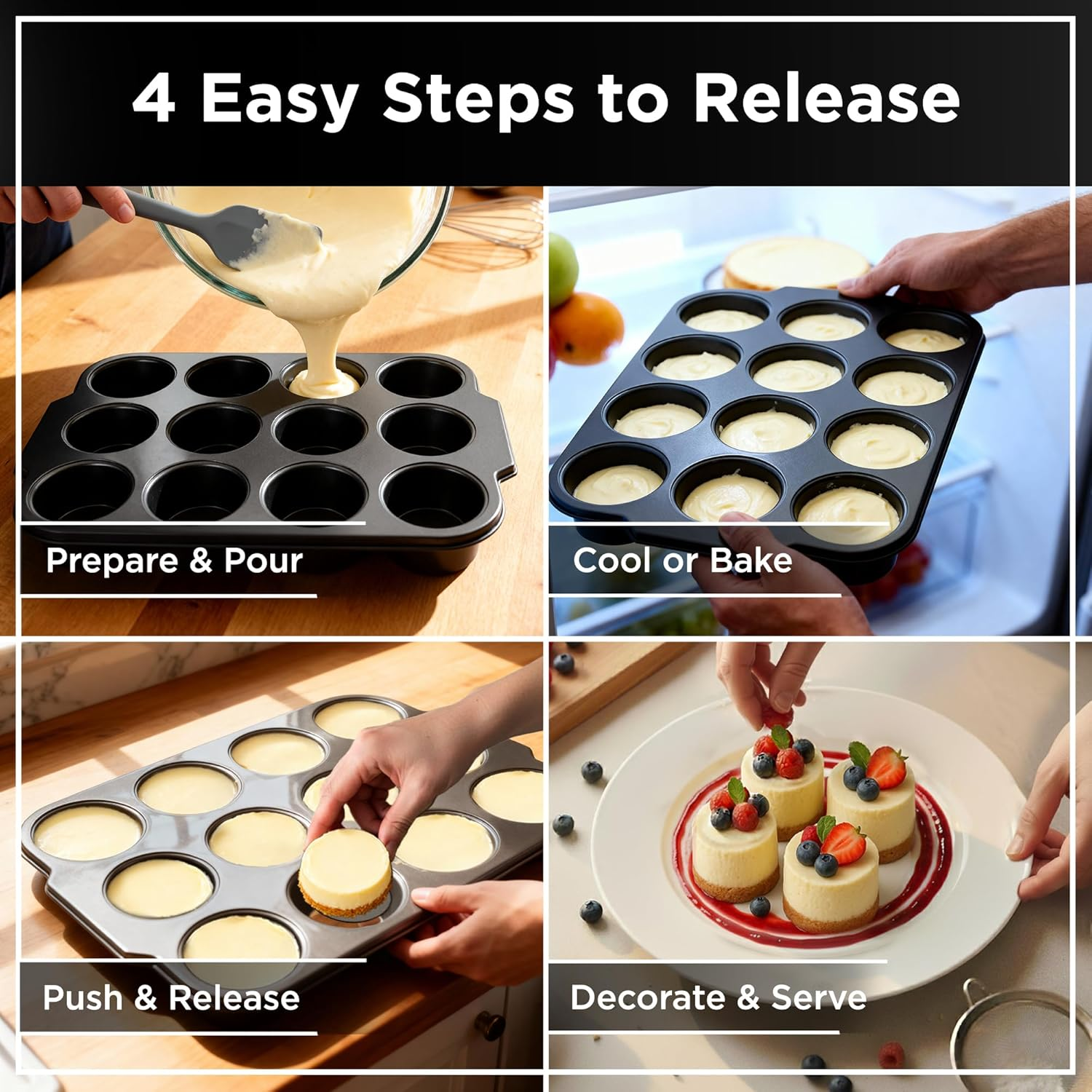 Wrenbury Pro Mini Cheesecake Pans Removable Bottom 12 Hole - Heavy Gauge Carbon Steel Muffin Cupcake Pan Loose Bottom Springform for Baking - 3 Inch Individual Cheesecakes Tin - PFOA Free image number 4