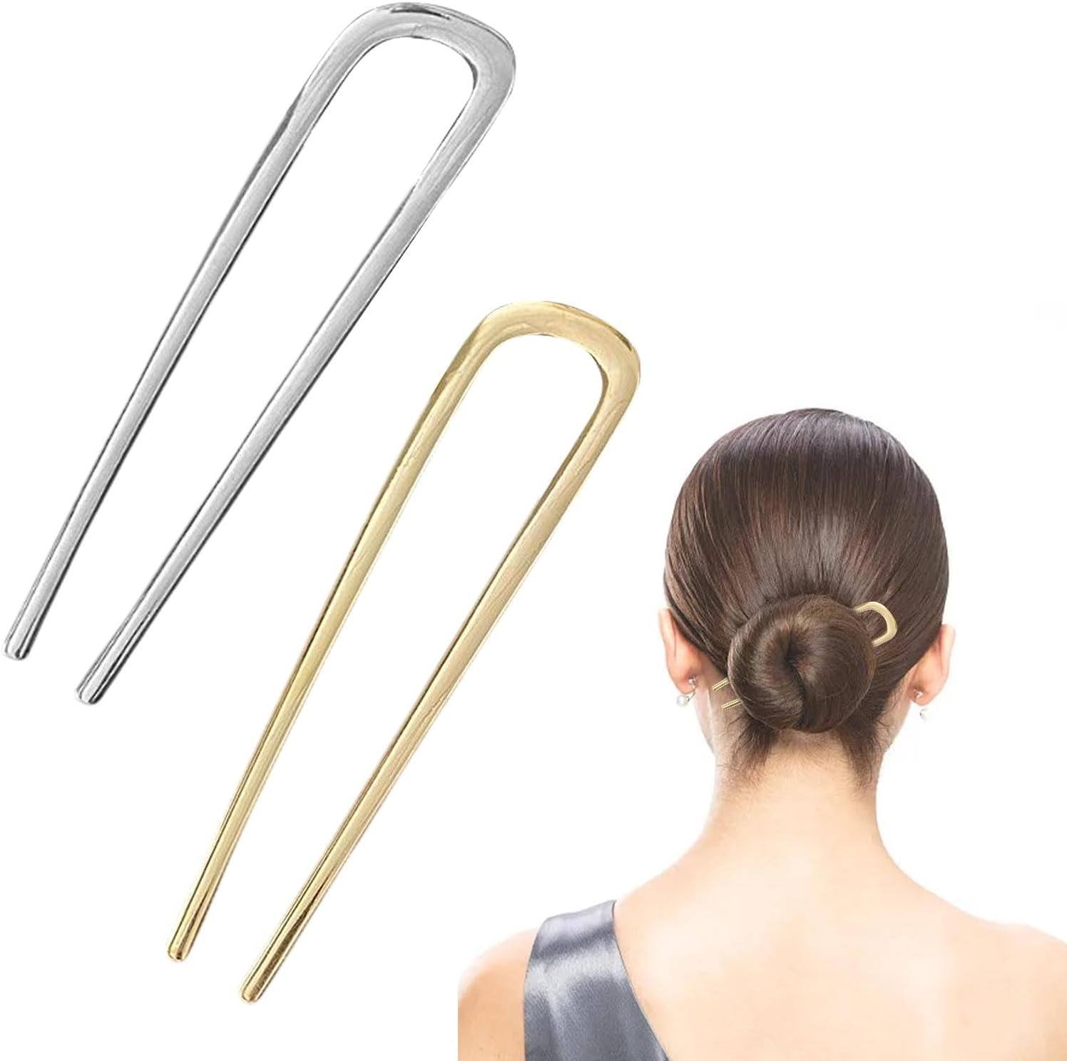 Pack of 2 French Metal Hair Pins for Thick Hair, U Shaped Hair Pins Hair Sticks Hair Forks for All Hair Types of Women and Girls Styling Hair Styling Aid Accessories Gold & Silver image number 4