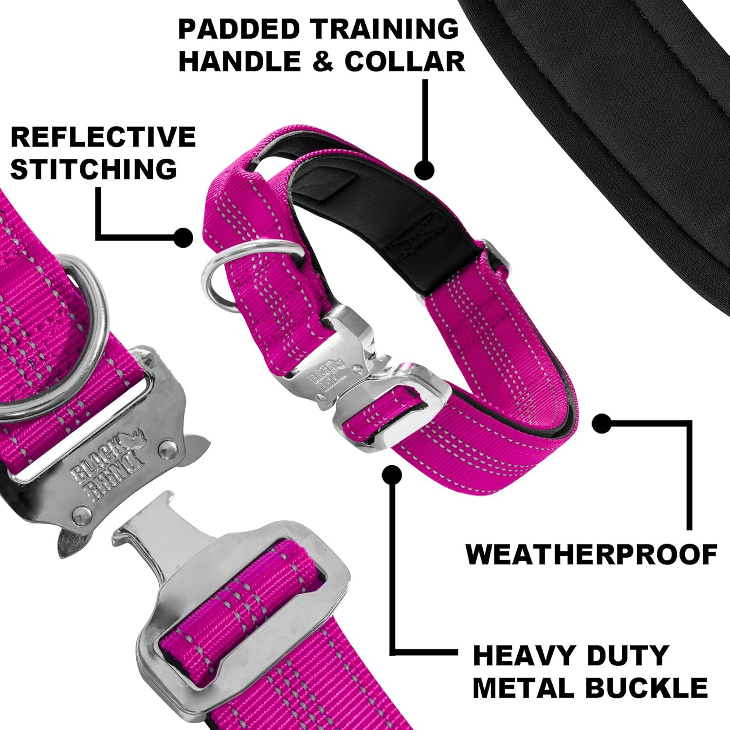Black Rhino - Tactical Dog Collar Ultra-Soft Neoprene Padded Dog Collars for Medium, Large, XL Dogs | Heavy Duty Metal Buckle | Padded Handle for Dog Training (Large, Pink)