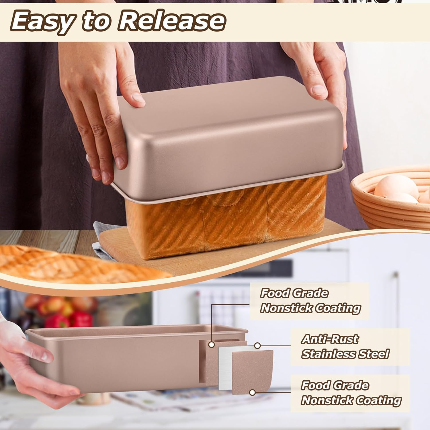 LIANYU 4 Pack Loaf Pans for Baking Bread 9X5In, Stainless Steel Meatloaf Baking Loaf Tins, Heavy Duty Metal Bakeware for Bread Cake Brownies, Non Stick & Easy Release, Rose Gold - 8, Black image number 6