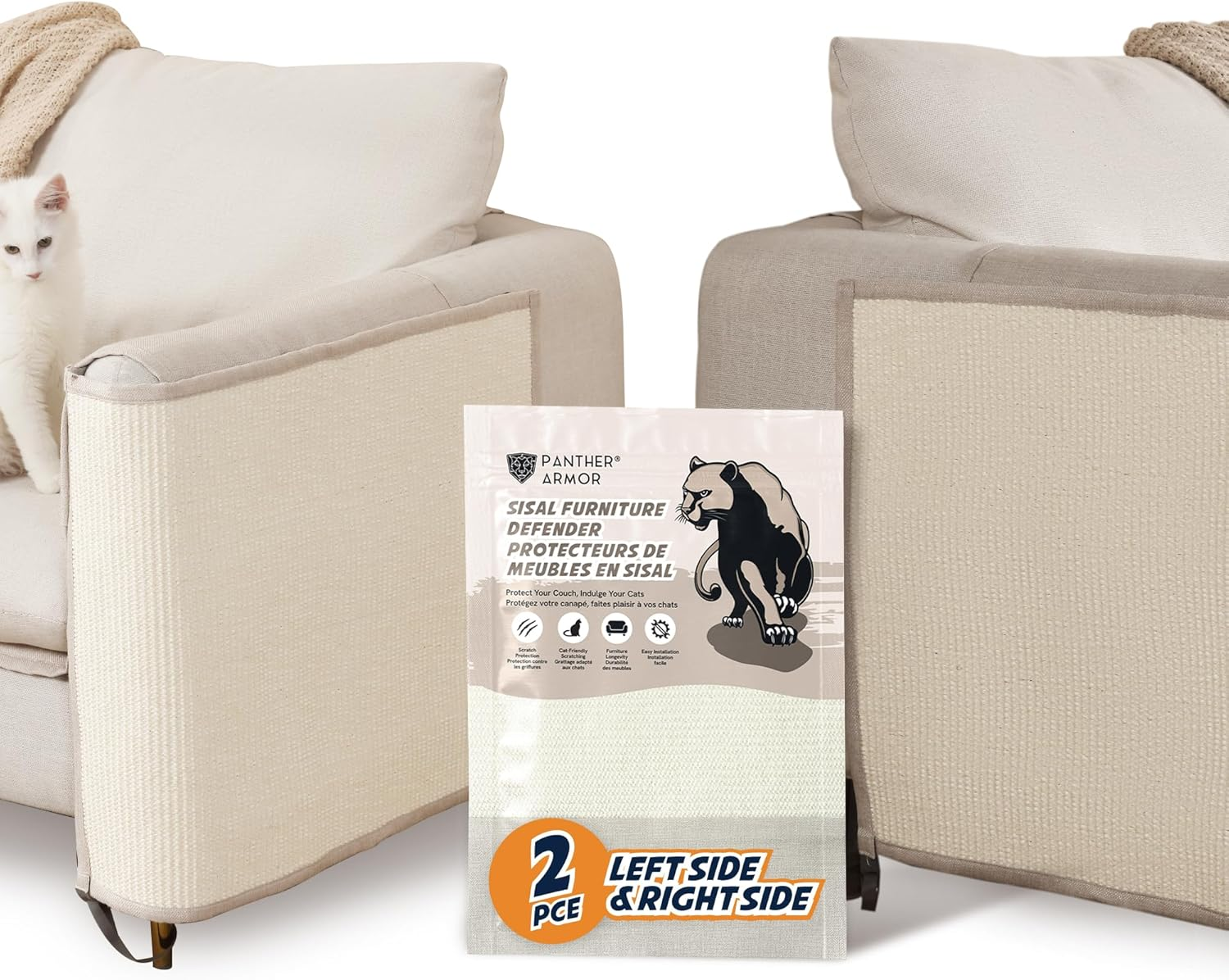 PANTHER ARMOR Cat Scratch Couch Protectors [2X Left & Right Arm in Beige] - Natural Sisal Furniture Protector for Cats - Scratching Pads - Couch Covers image number 1